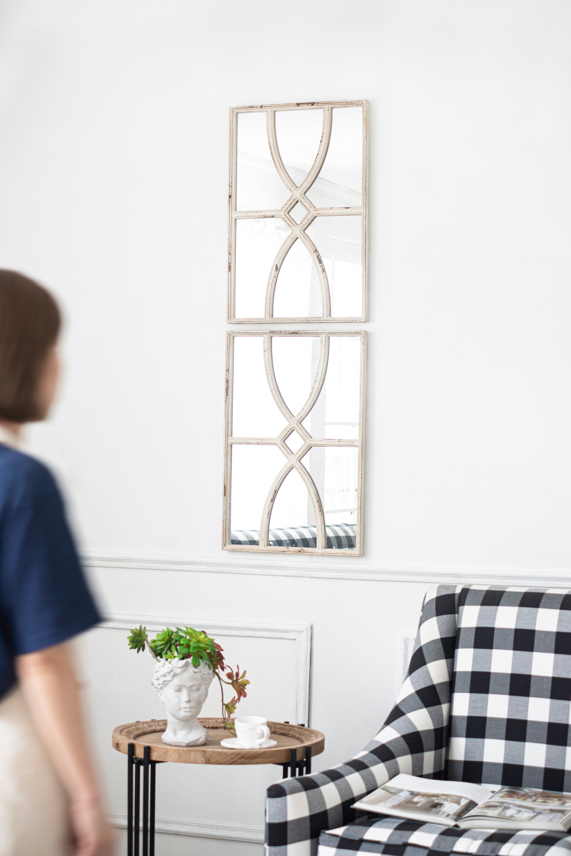 16" x 23"  Rectangular Wooden Wall Mirrors with Distressed White Frame, Vertical or Horizontal, Home Decor for Living Room, Set of 2