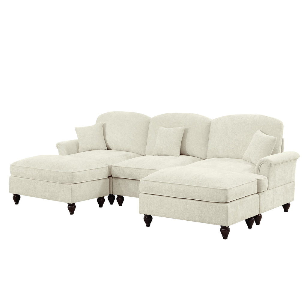 Classic Comfy Modular U Shape Sectional Sofa Couch with Flared Arms and Removable Ruffles Pleats Skirts and Spindle Legs, Upholstered Chenille Deep Seat Cloud Sofa with Movable Ottomans, Beige White