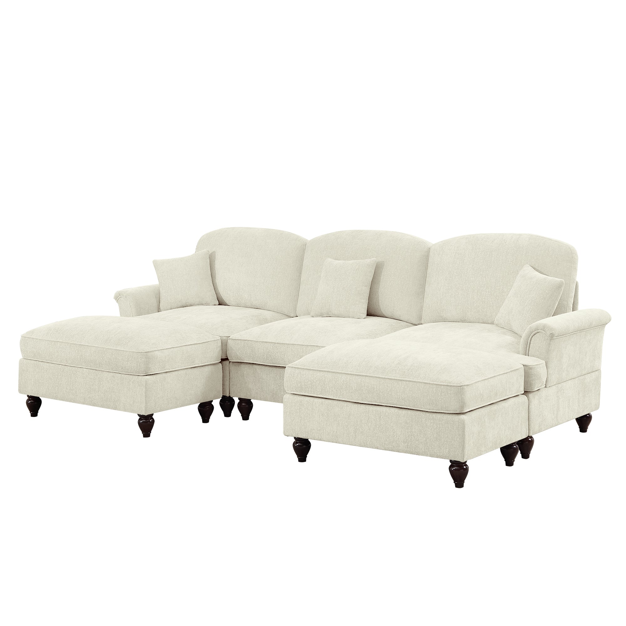 Classic Comfy Modular U Shape Sectional Sofa Couch with Flared Arms and Removable Ruffles Pleats Skirts and Spindle Legs, Upholstered Chenille Deep Seat Cloud Sofa with Movable Ottomans, Beige White