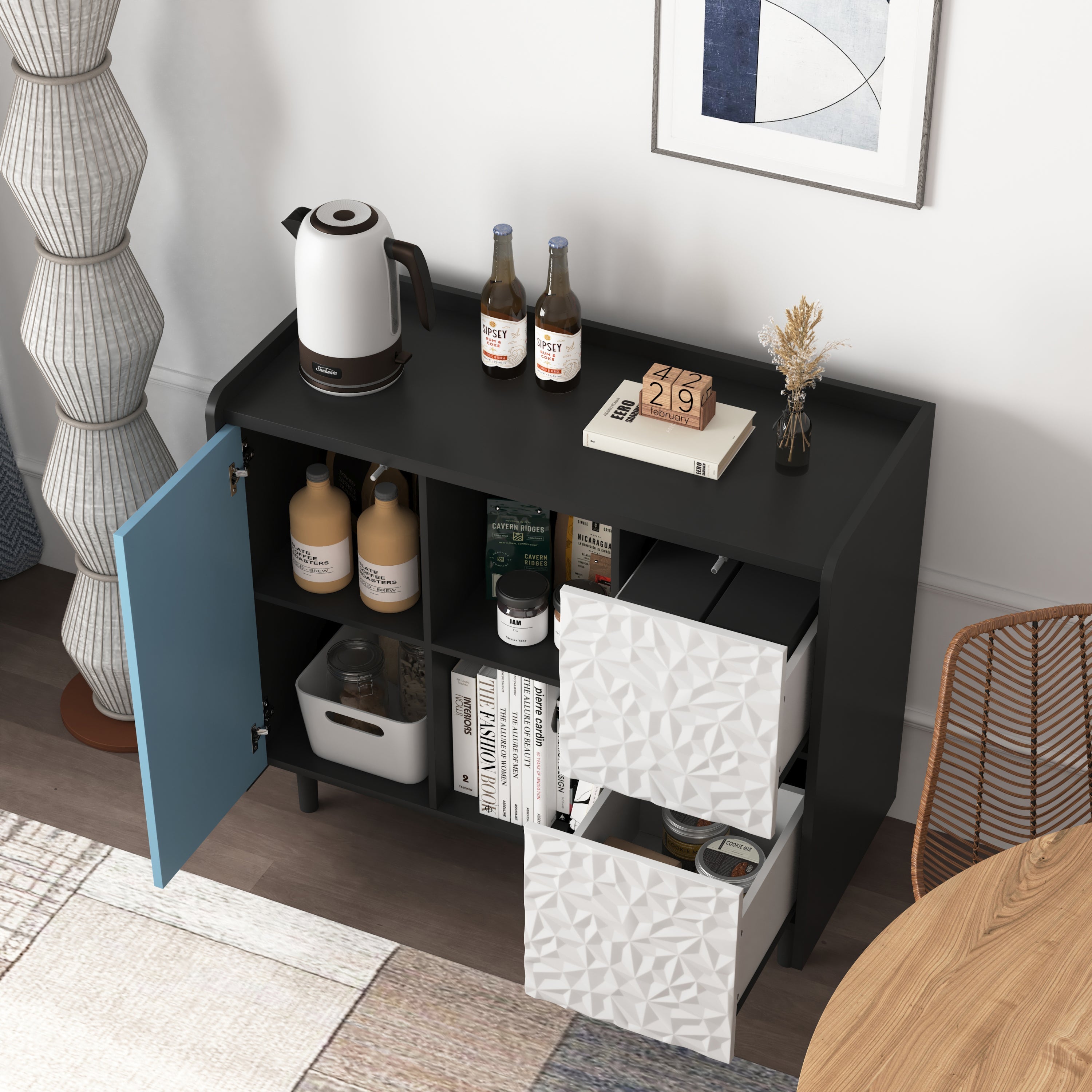 Sideboard Buffet Cabinet, Black Storage Cabinet with Red Doors , 2 Drawers with unique panel styling and 2 Open Storage Compartment, Modern Coffee Bar Cabinet Accent Cabinet for Kitchen, Dining Room,