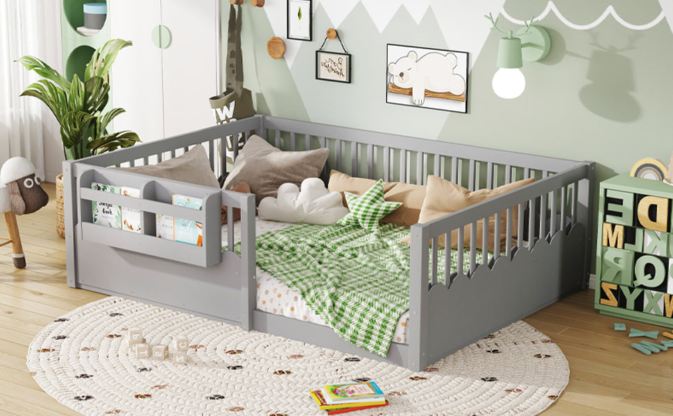 Full Floor bed with Heightened Fence and bookshelf ,Wood Floor Bed for Kids,Gray.