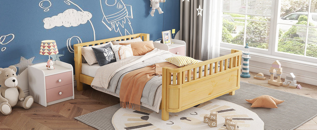 Full Size Wood Platform Bed for Kids, Wood Low Profile Full Bed with Rails for Girls and Boys, Natural (Patented Design, Old SKU W2593P233781)