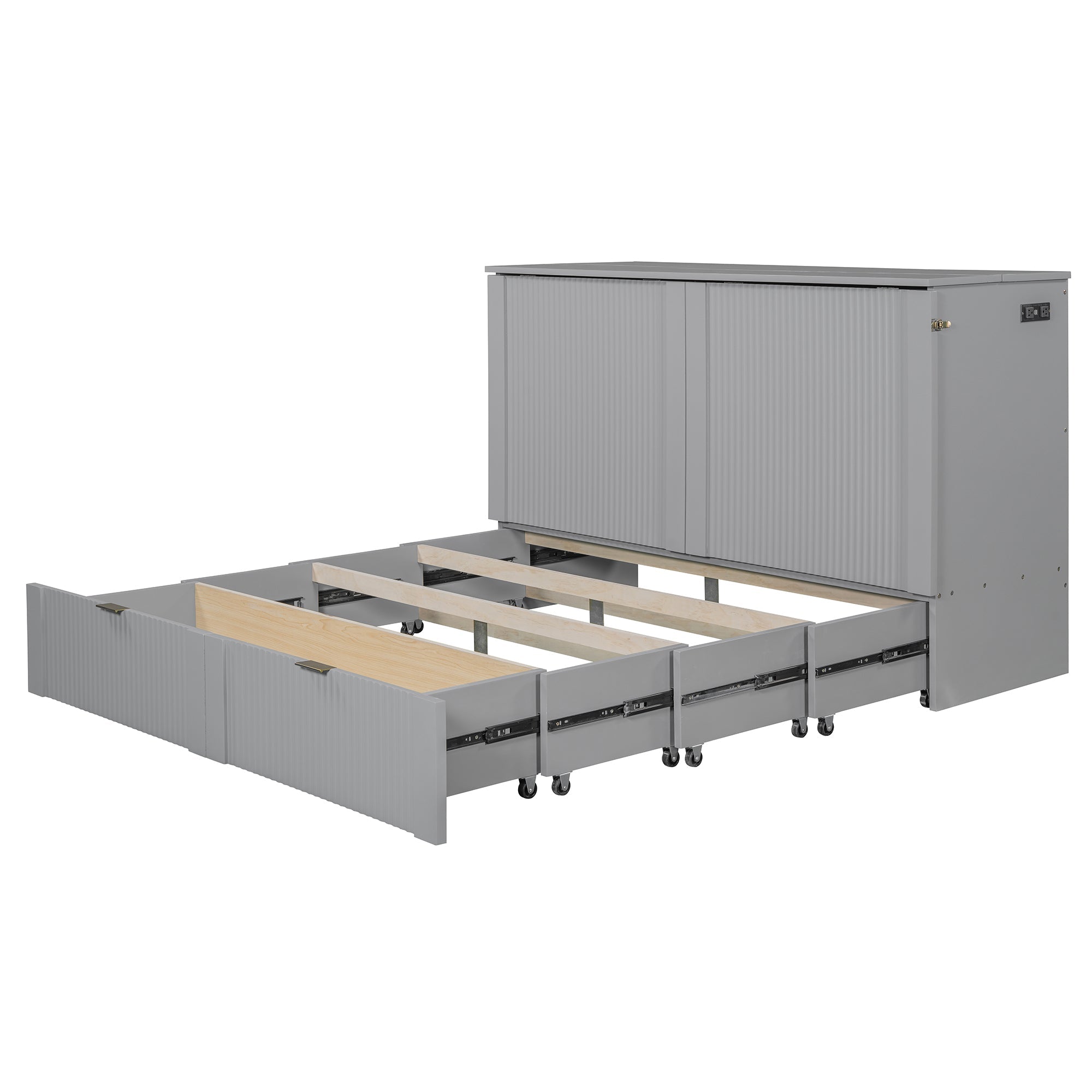 Queen Size Murphy  Bed with drawer and a set of Sockets & USB Ports, Pulley Structure Design, Gray