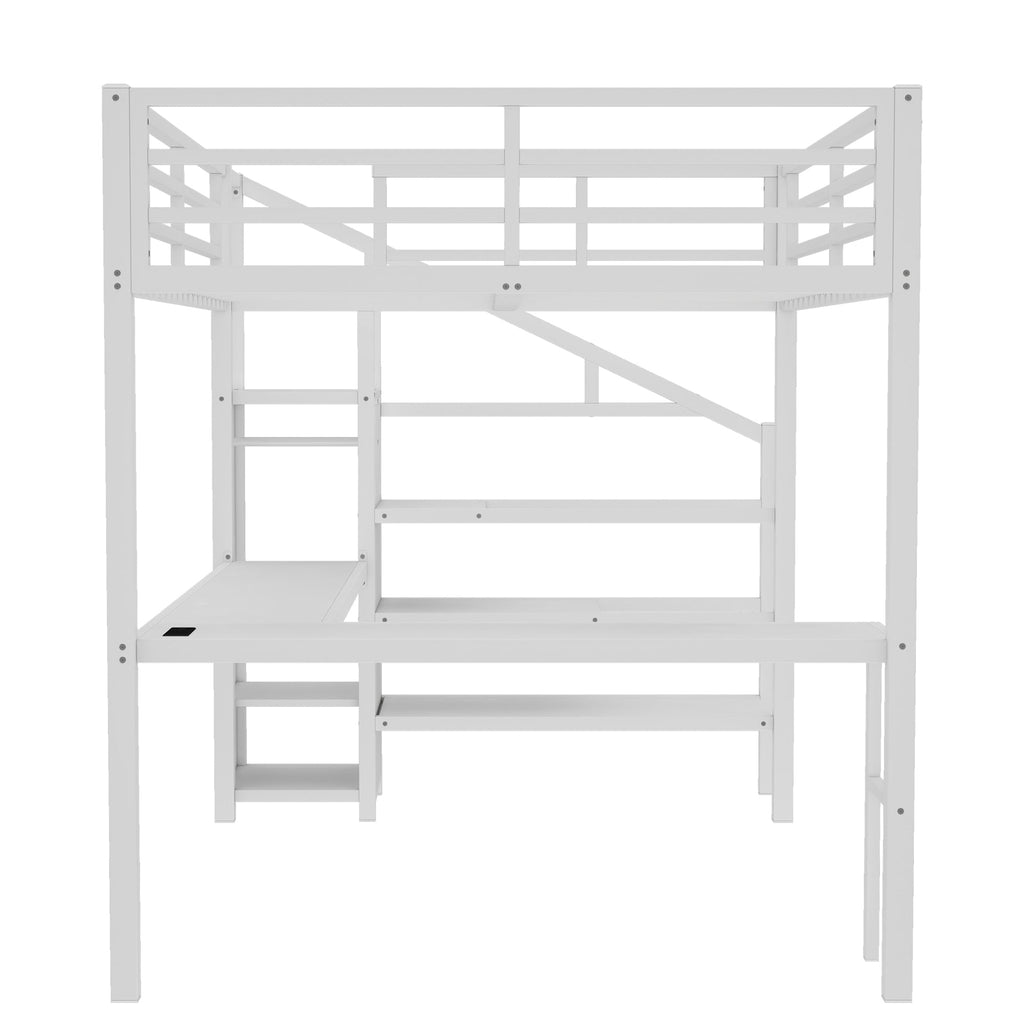 Queen Size Loft Bed with L-shaped Desk and USB, Metal Loft Bed with Wardrobe and Adjustable Shelf, High Loft Bed with LED for Kids Teens Adults, White