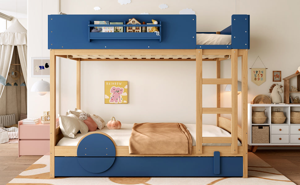 Queen Bunk Bed with Trundle , Wood Bunk Bed Frame with Built-in Bookshelf and High-quality Safety Guardrail,Automobile Form Design for Kids ,Blue＆Natural
