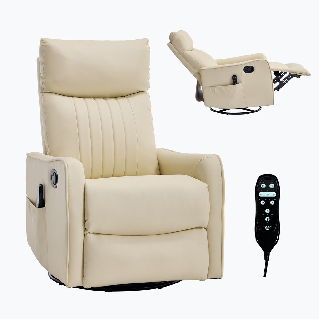 Beige Heat Massage Manual Recliner Chair with Rocker and Swivel in Faux Leather for Living Room