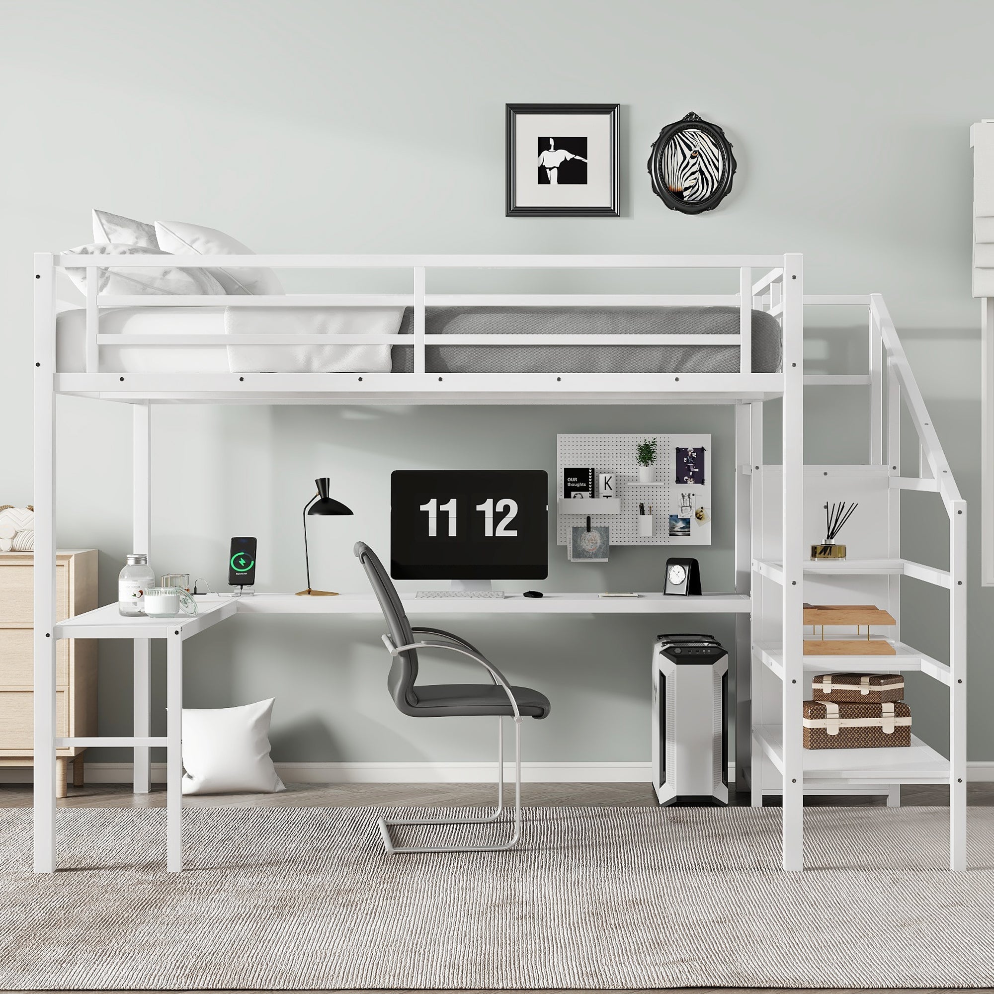 Queen Size Loft Bed with L-shaped Desk and USB, Metal Loft Bed with Wardrobe and Adjustable Shelf, High Loft Bed with LED for Kids Teens Adults, White
