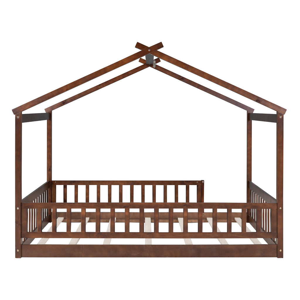 Full Size Wood Bed House Bed Frame with Fence, for Kids, Teens, Girls, Boys,Walnut