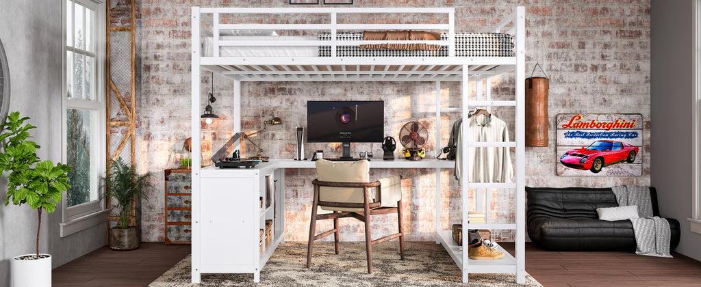 Metal Loft Bed with Wardrobe and L-shaped Desk, Full Size Loft Bed with Storage Cubes and Shelves, Loft Bed for Kids Teens Adults, White