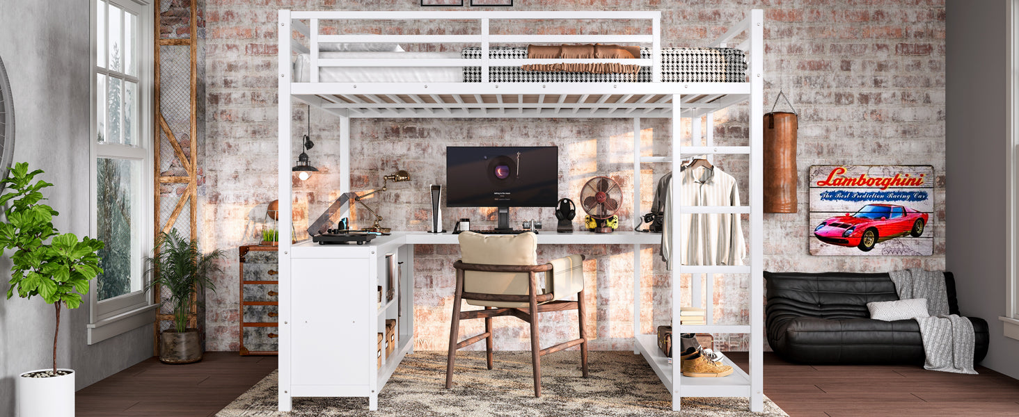 Metal Loft Bed with Wardrobe and L-shaped Desk, Full Size Loft Bed with Storage Cubes and Shelves, Loft Bed for Kids Teens Adults, White