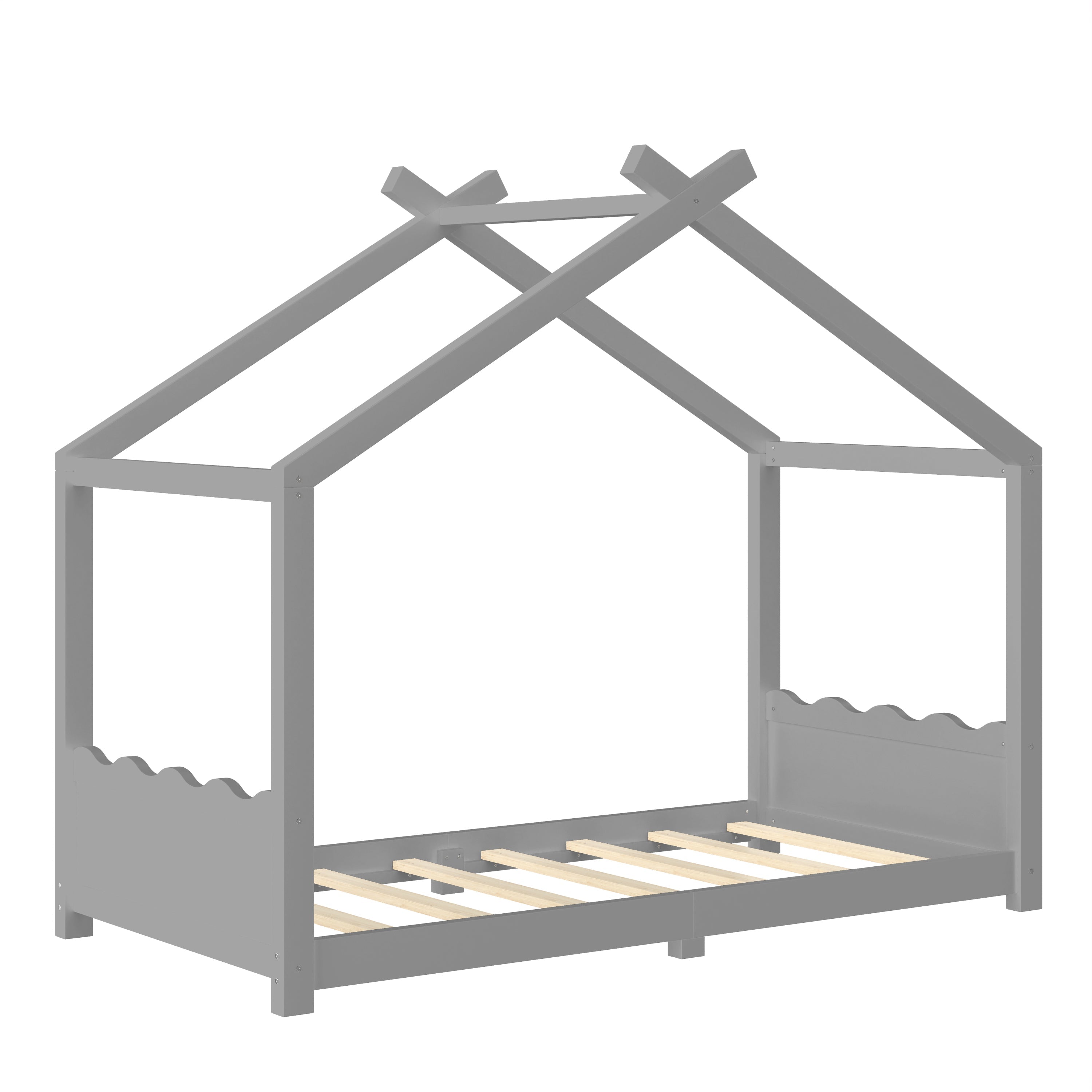Twin House Floor Bed with Support Slats, Solid Wood House Bed Frame for Kids, No Box Spring Needed and Opening Constructure, Gray