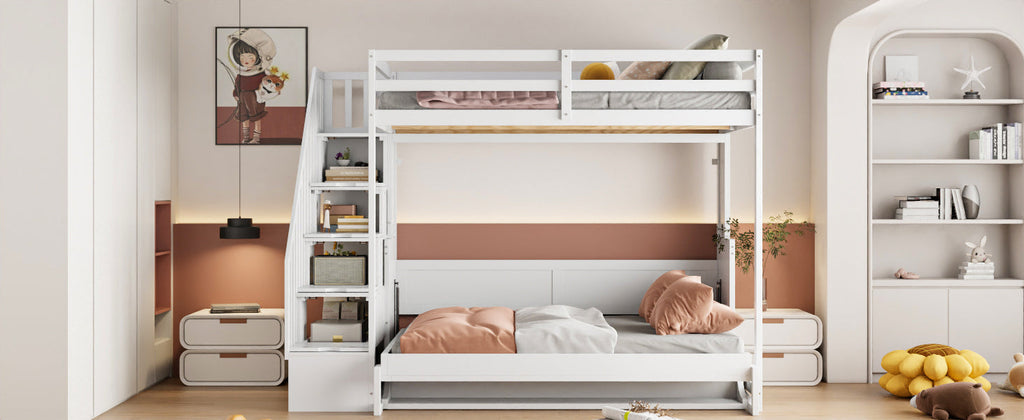 Full Over Full Size Murphy Bed with Hydraulic Lift & Desk Design, White