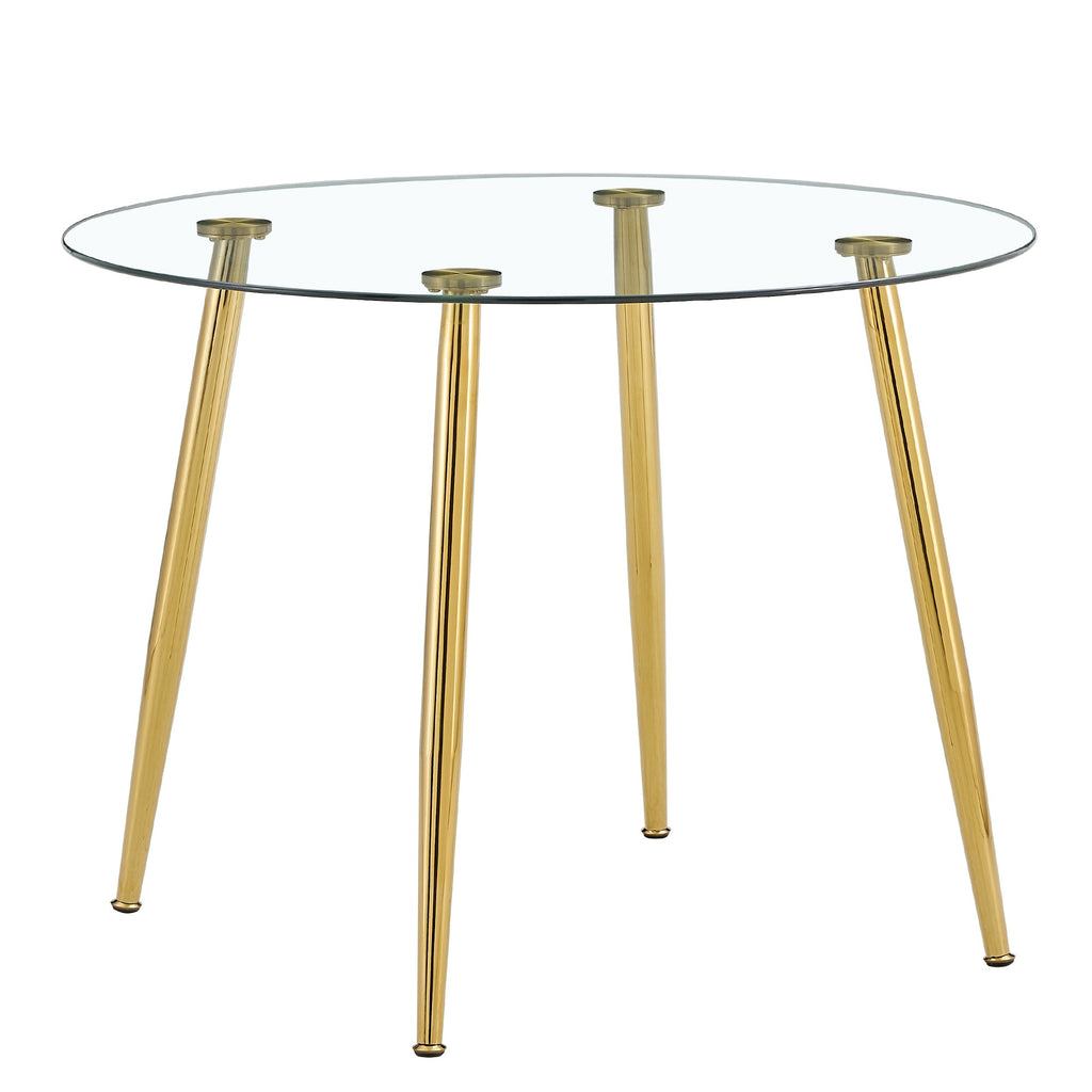 A glass tabletop with a diameter of 40 inches and a modern minimalist circular dining table with gold plated metal legs. 40 '* 40' * 30 ' DT-1164.W1151S00375
