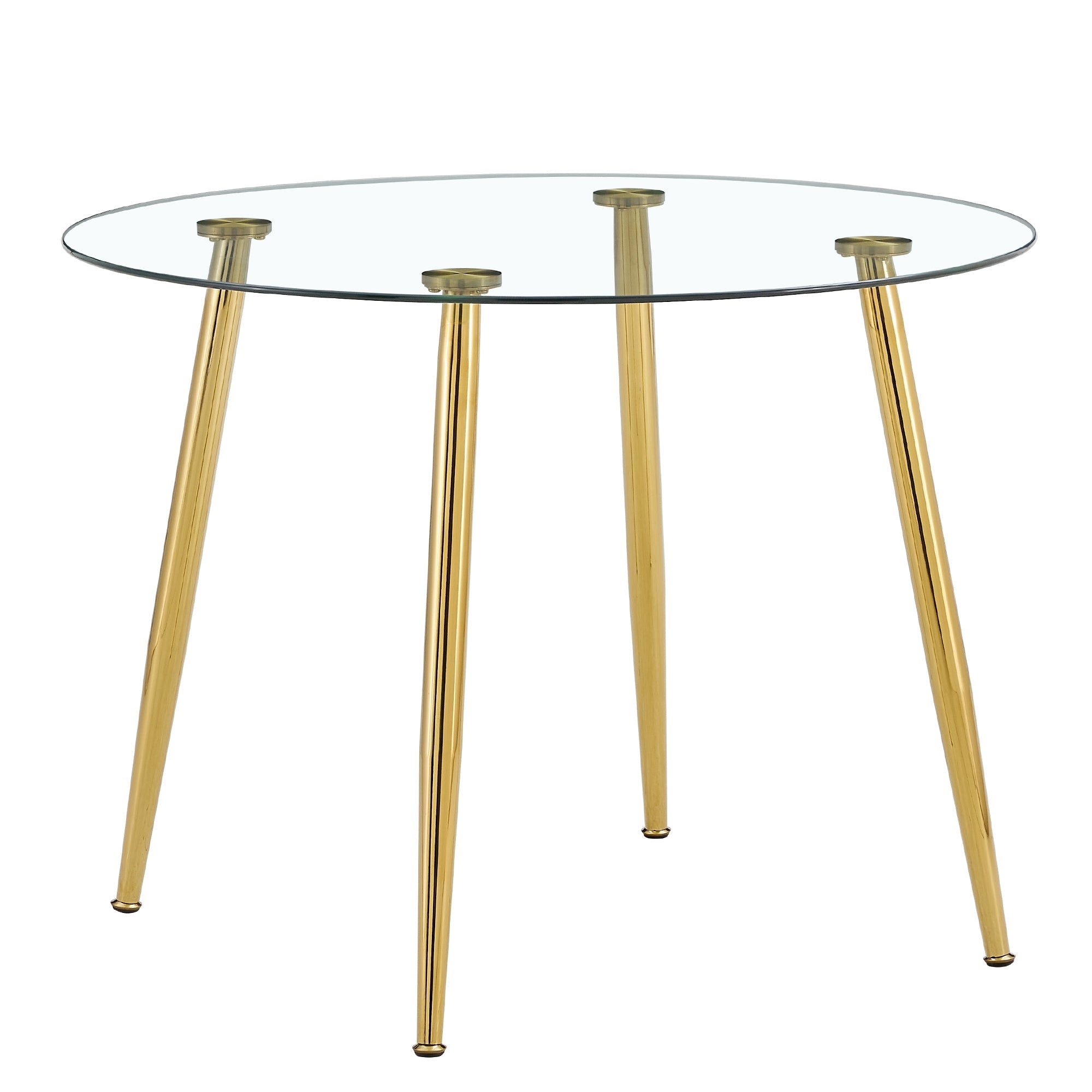 A glass tabletop with a diameter of 40 inches and a modern minimalist circular dining table with gold plated metal legs. 40 '* 40' * 30 ' DT-1164.W1151S00375