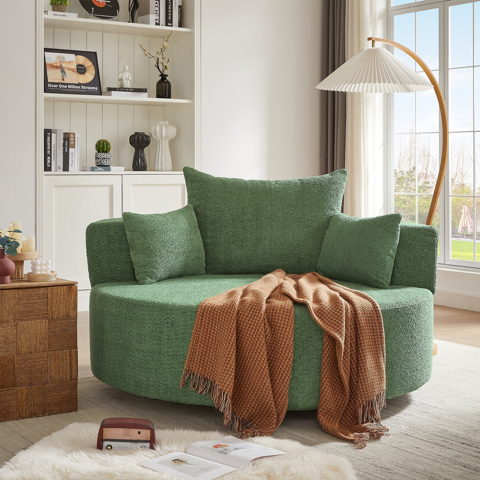 Modern 360° Swivel Accent Barrel Chair with Removable Pillows in Green Chenille for Living Room and Office