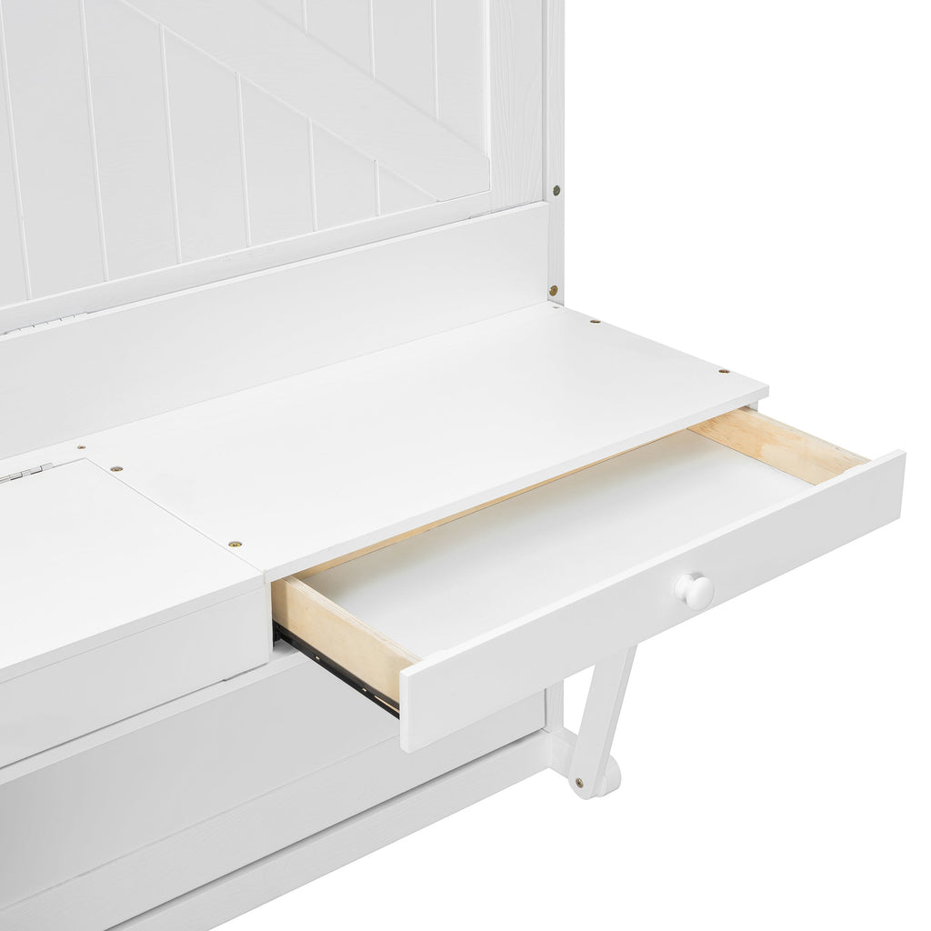 Queen Size Wall Murphy Bed with Storage, Foldable Cabinet Bed with Vanity Desk, Center Mirror & 2 Side Drawers, White