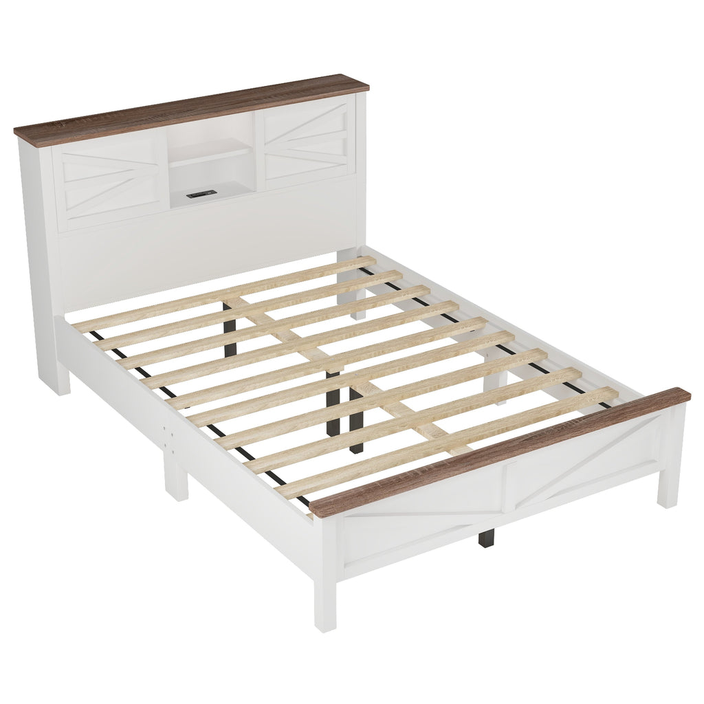 3-Pieces Bedroom Sets Queen Size  Farmhouse Platform Bed with Double Sliding Door Storage Headboard, Storage Nightstand and Dresser, White+Brown(Old SKU HL000092AAK)