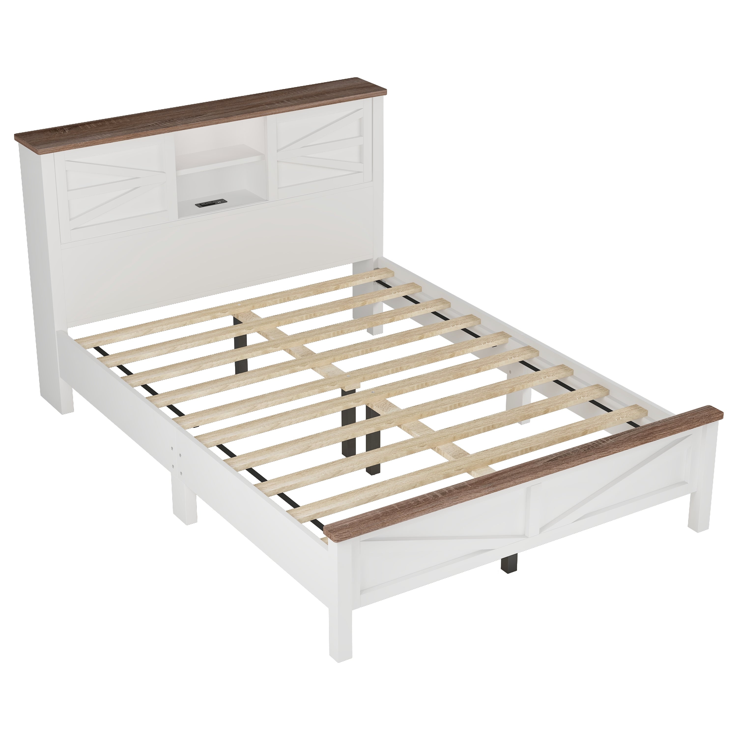 3-Pieces Bedroom Sets Queen Size  Farmhouse Platform Bed with Double Sliding Door Storage Headboard, Storage Nightstand and Dresser, White+Brown(Old SKU HL000092AAK)