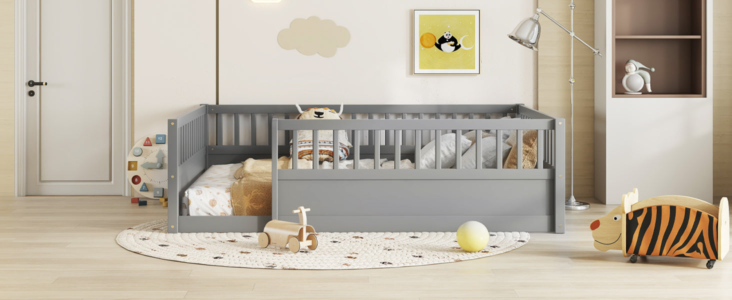 Full Floor Bed Frame with Fence, Montessori wooden children's floor bed,Wood Kids Floor Beds Frame for Bedroom Playroom,Gray