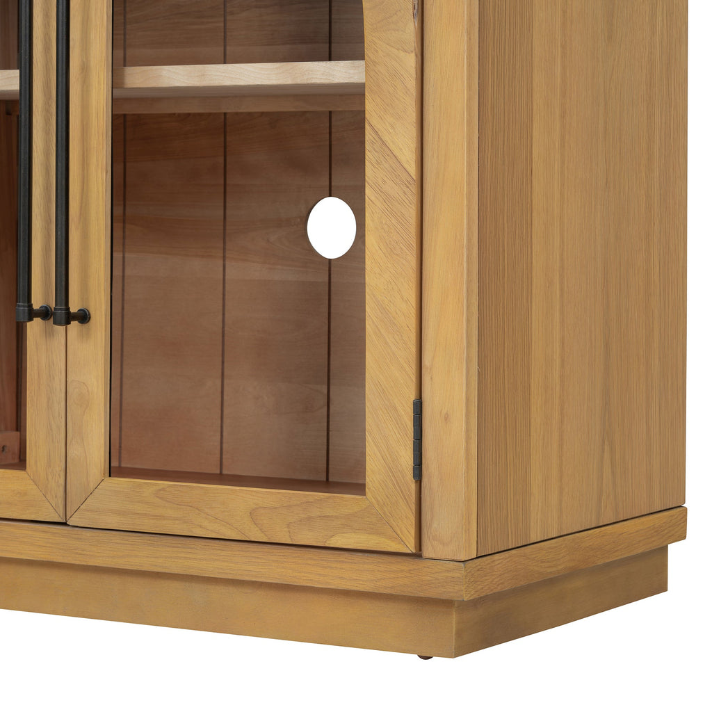 TREXM 4-Door Large Storage Sideboard Buffet Cabinet with Glass Doors, Arched Cabinet with Adjustable Shelves for Kitchen, Dining Room and Living Room (Natural Wood)