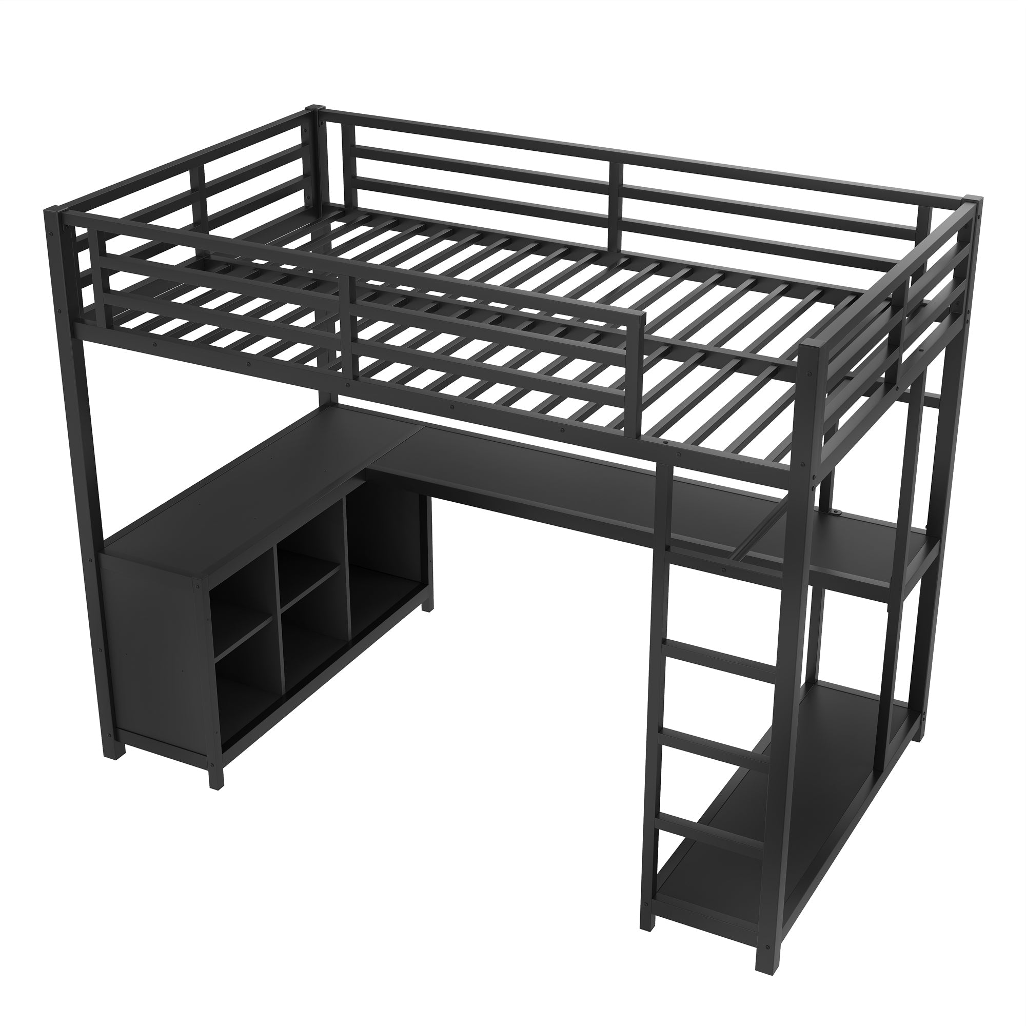 Metal Loft Bed with Wardrobe and L-shaped Desk, Twin XL Size Loft Bed with Storage Cubes and Shelves, Loft Bed for Kids Teens Adults, Black