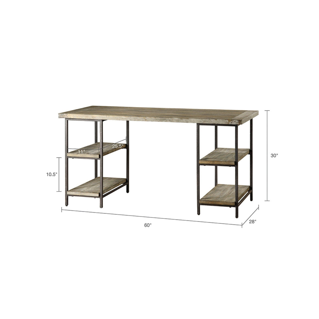Industrial Style Metal Frame Accent Desk with Side Shelving in Reclaimed Grey Wood Finish