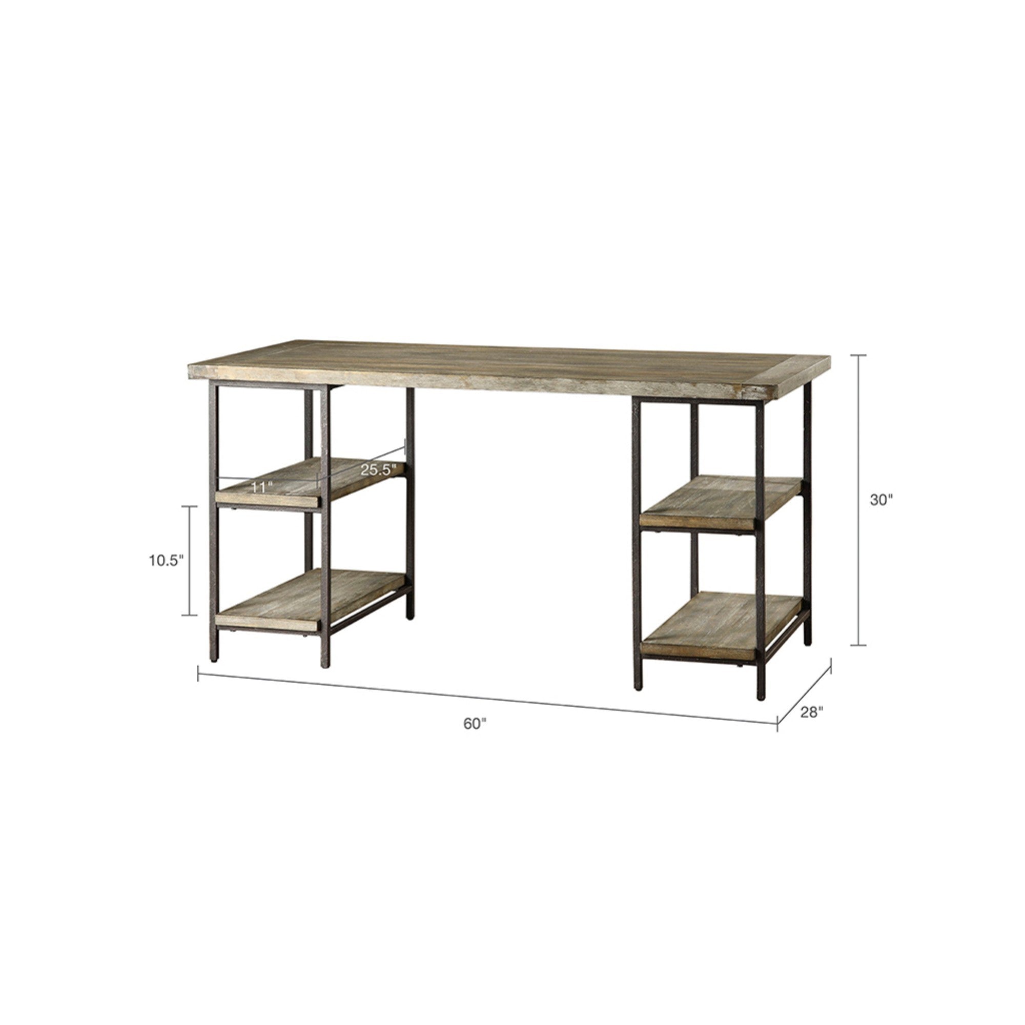 Industrial Style Metal Frame Accent Desk with Side Shelving in Reclaimed Grey Wood Finish