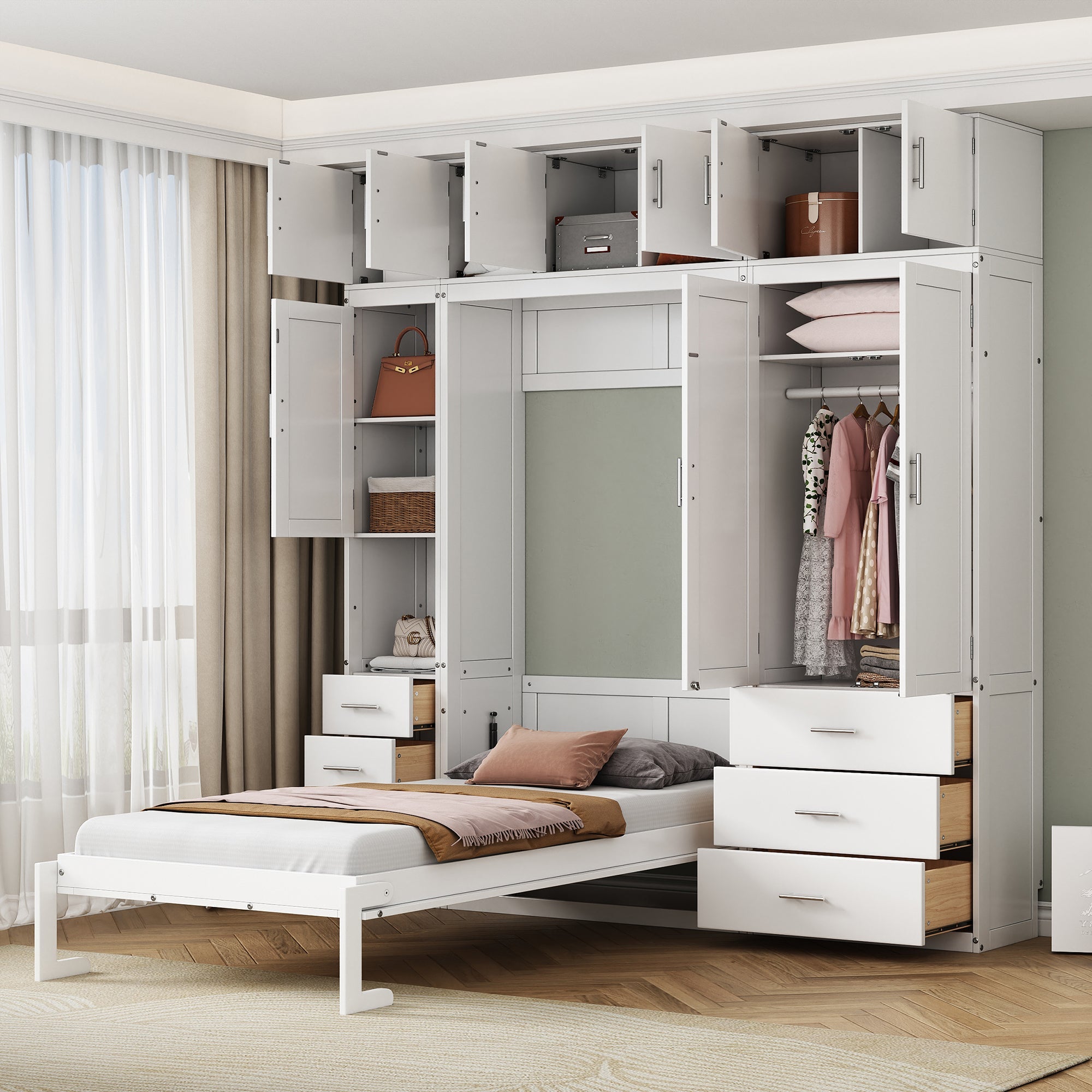 White Twin Size Murphy Bed with Lockers and Wardrobes, MDF+Pine, 93.2''L x 15.7''W x 99''H