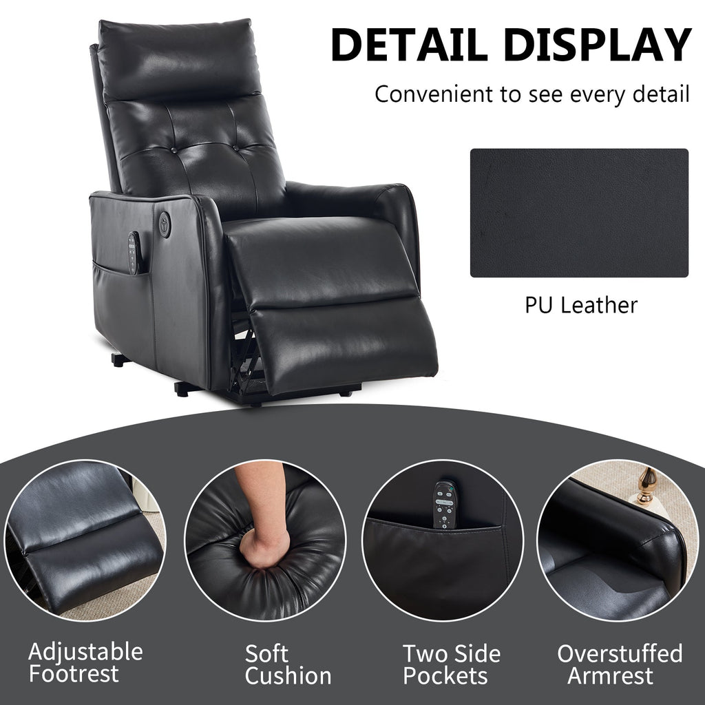 Black PU Single Motor Power Lift Recliner Chair with Massage and Heat for Elderly, Heavy Duty Motion Mechanism and One USB for Charging, Max Reclining Angle 155°