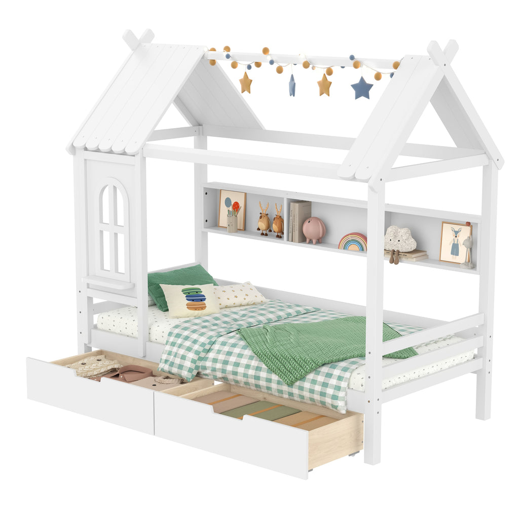 Twin house Beds with Storage Drawers and Window, Solid Wood House Platform Bed Frame with shelves, for Kids, Girls, Boys, No Spring Box Needed and Childlike Design, White