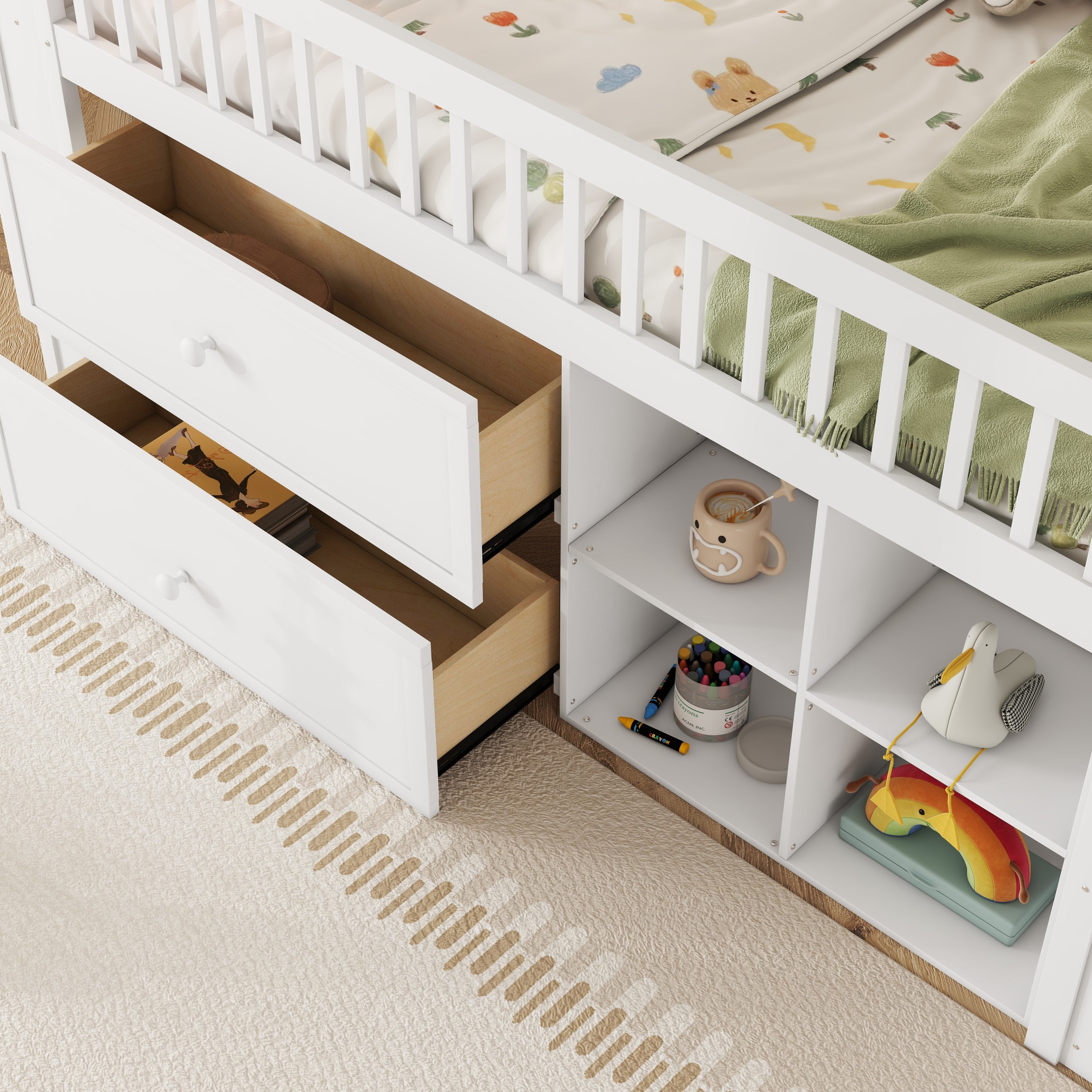 Twin Size Loft Bed with LED and Bookshelf, Wood Low Loft Bed with Stairs, Kids Twin Loft Bed with Storage Drawers and Shelves,White (Expect Arrival Date 2025/1/20)