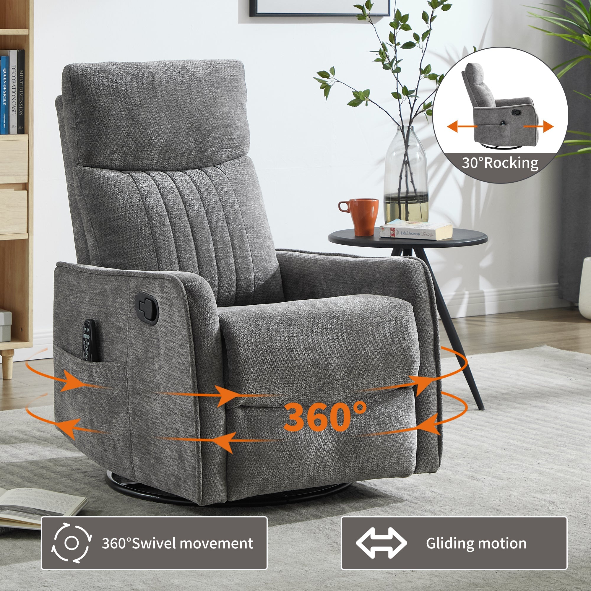 Dark Grey Heat Massage Manual Recliner Chair with Rocker and Swivel in Fabric for Living Room