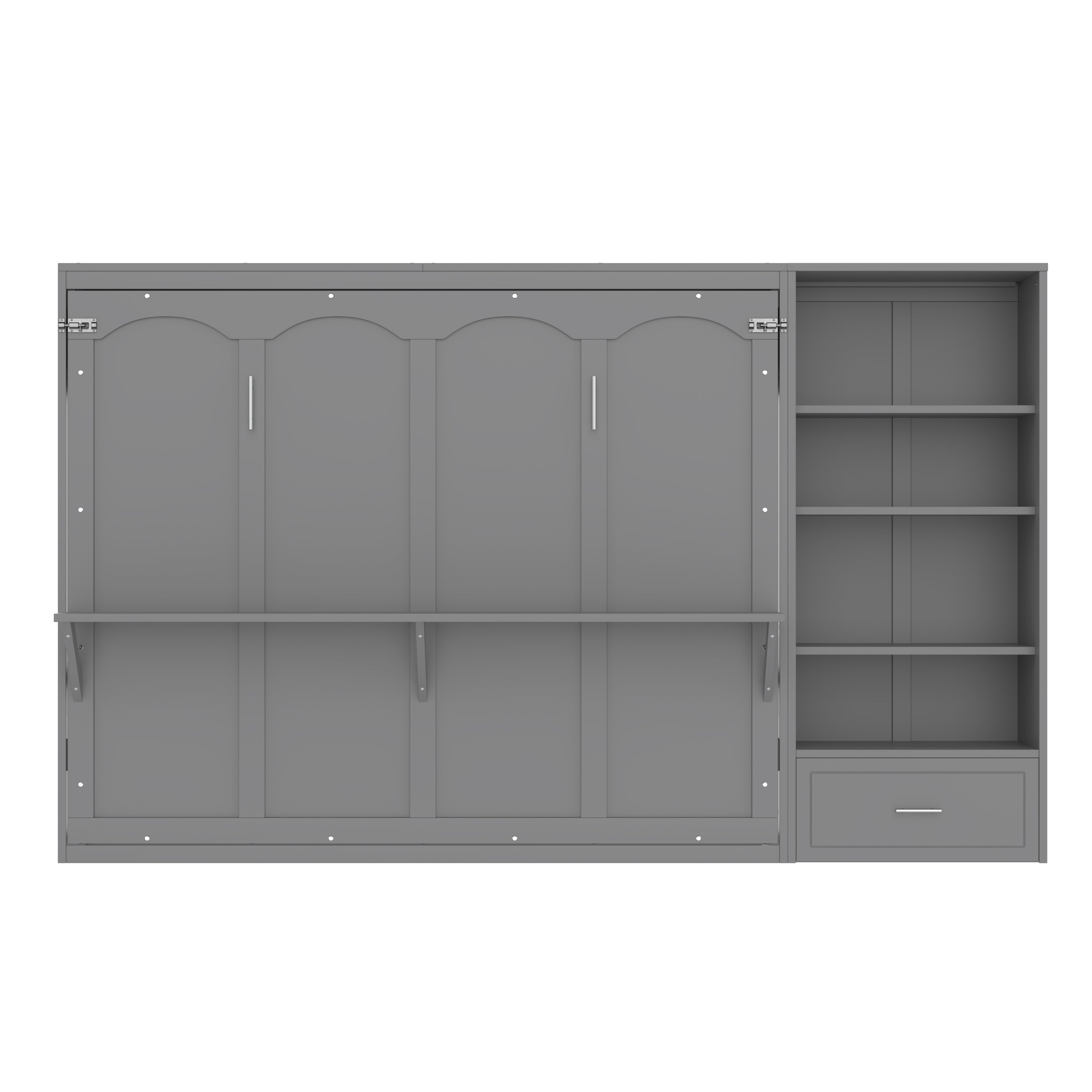 Queen Size Murphy Bed with Height Adjustable Storage Compartments and Shelf, Wall Bed Frame With 1 Drawer, Multifunctional Foldable Platform Bed for Small Space,Bedroom,Guest Room, Gray