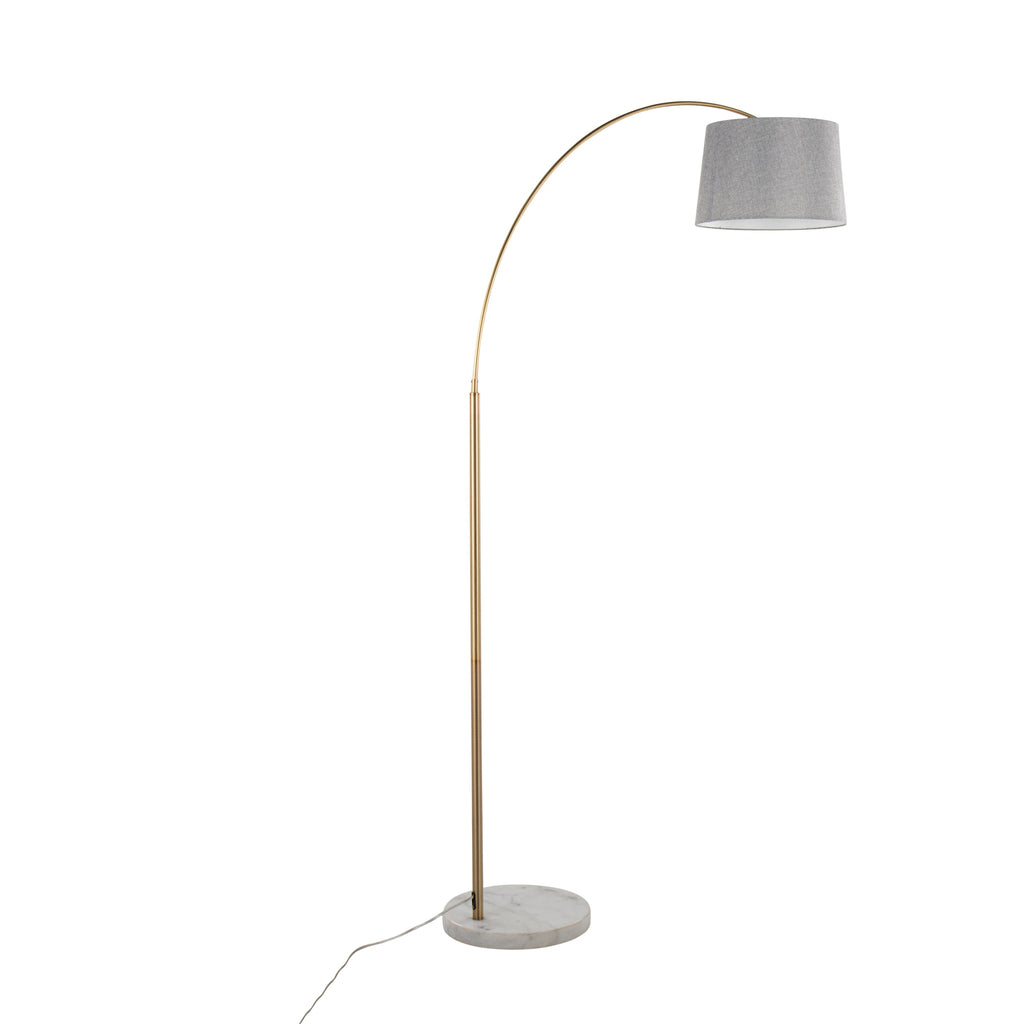 March Contemporary Floor Lamp in White Marble and Antique Brass Metal with Grey Linen Shade by LumiSource