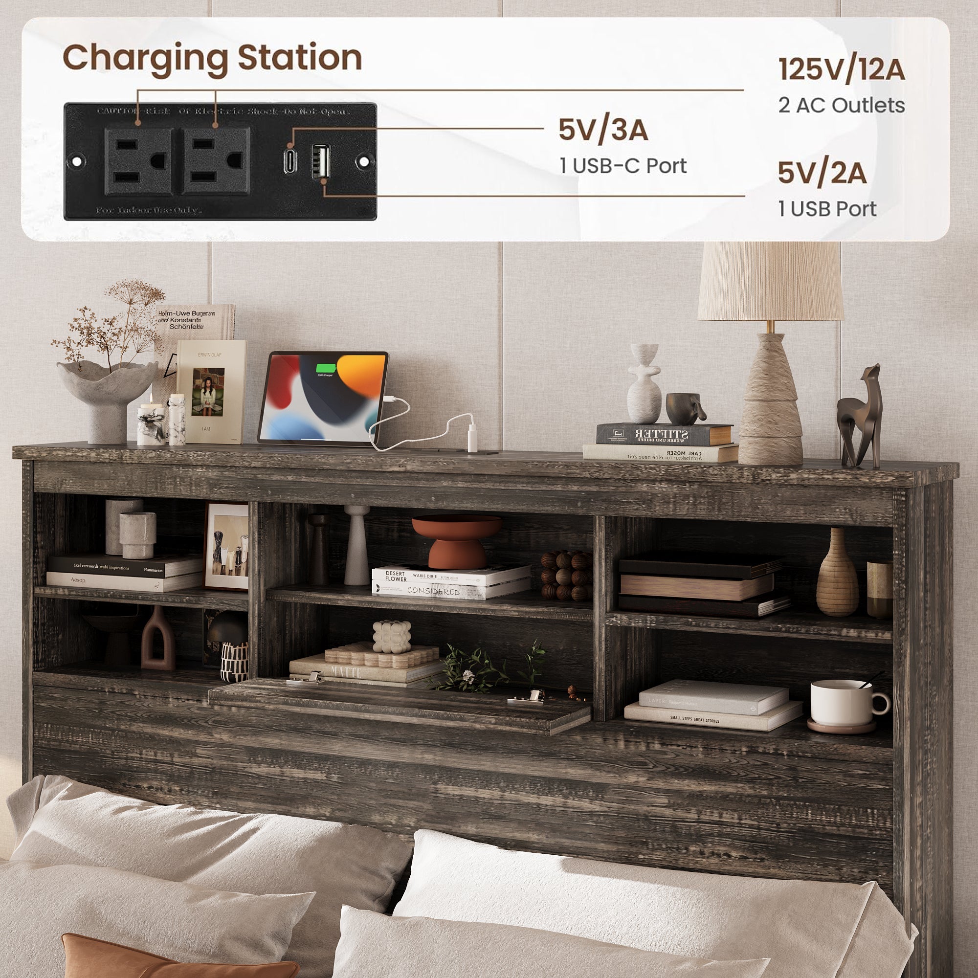 4PCS Bedroom Sets, Wooden Queen Size Bed Frame with Storage Headboard and Charging Station, 2 Nightstands with 2 Drawers, 1 Dresser with 5 Drawers, Antique Gray