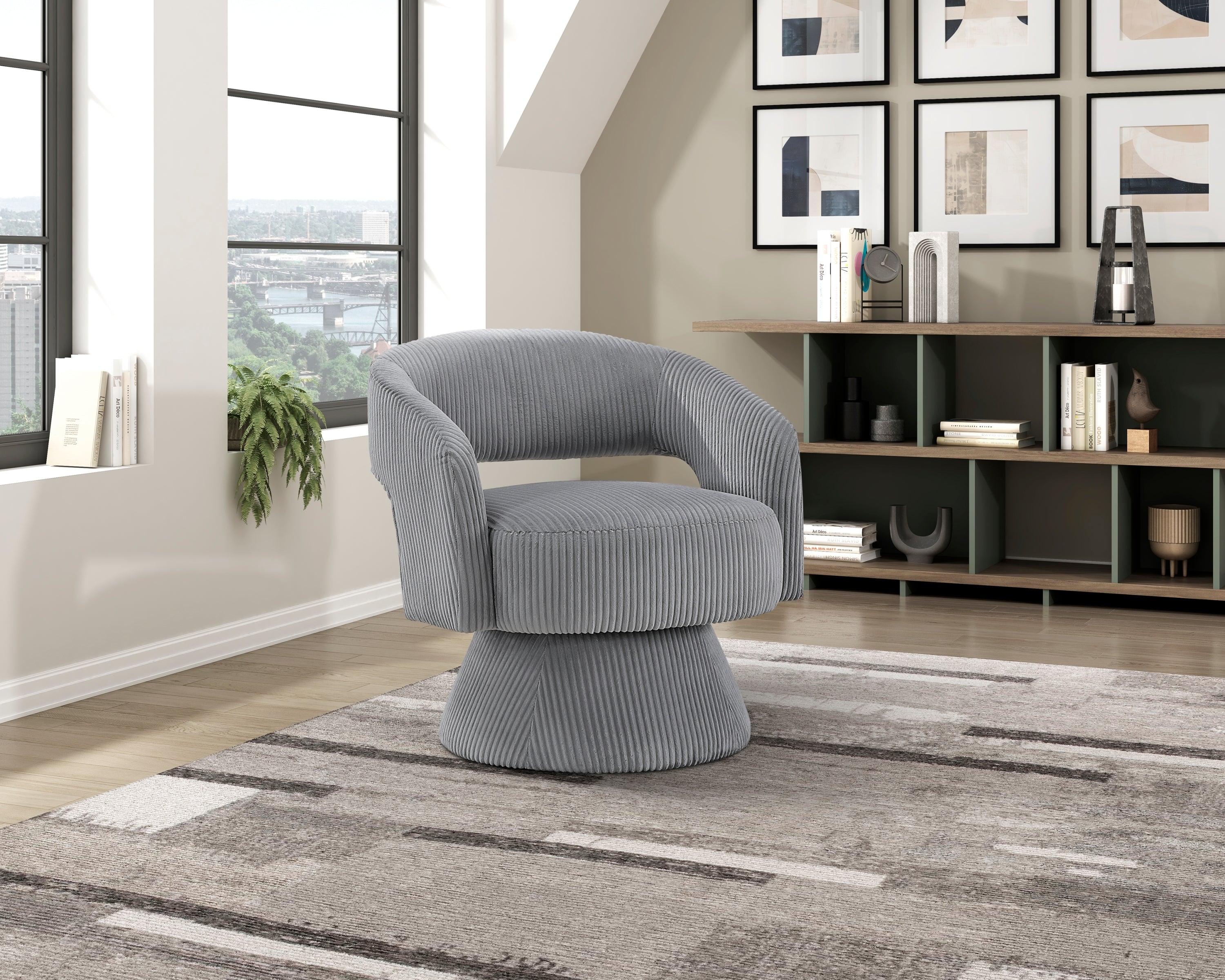Modern Luxurious Swivel Accent Chair Dark Gray Soft Corduroy Upholstery Plush Seating Solid Wood Stylish Home Furniture 1pc