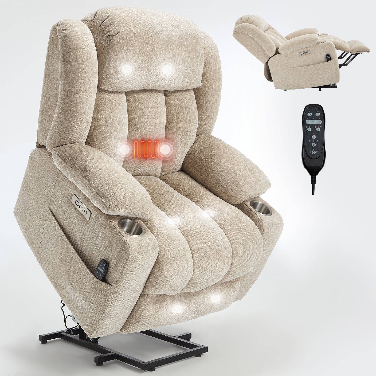 Up to 350 LBS Chenille Power Lift Recliner Chair, Heavy Duty Motion Mechanism with 8-Point Vibration Massage and Lumbar Heating, USB and Type-C Ports, Stainless Steel Cup Holders, Beige