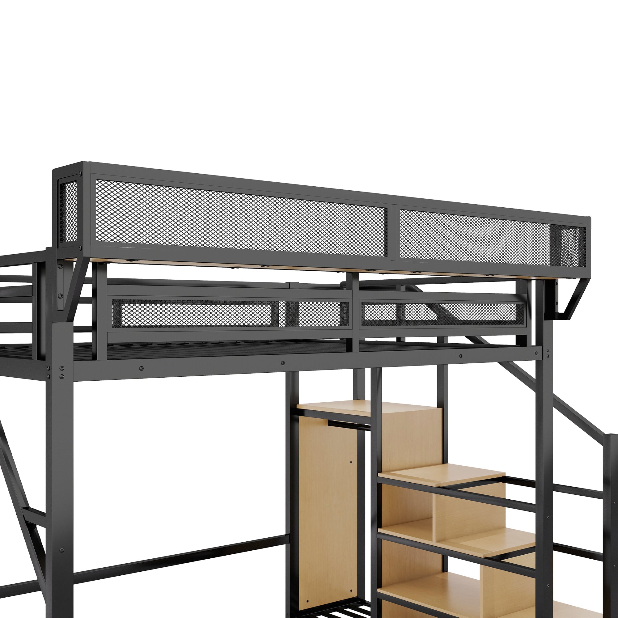 Queen Size Loft Bed with Stairs, Metal Queen Loft Bed with Storage Shelves, High Loft Bed with Wardrobe for Kids Teens Adults, Black(Old SKU W2580S00026 ) Patent Products