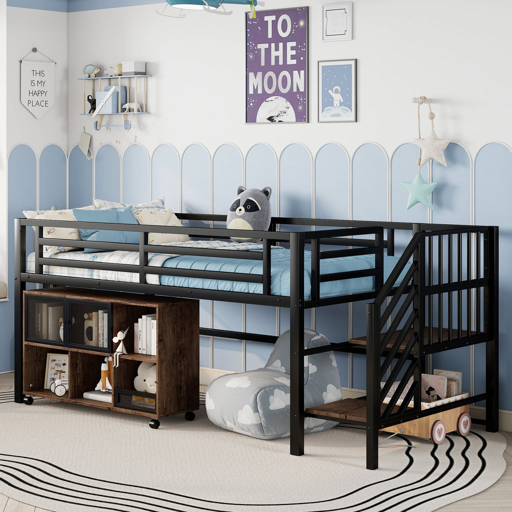 Twin Metal Loft Bed with Storage Cubby, Low Metal Loft Bed with Stairs for Kids, Black, Expect Arrival Date 2025/11/10