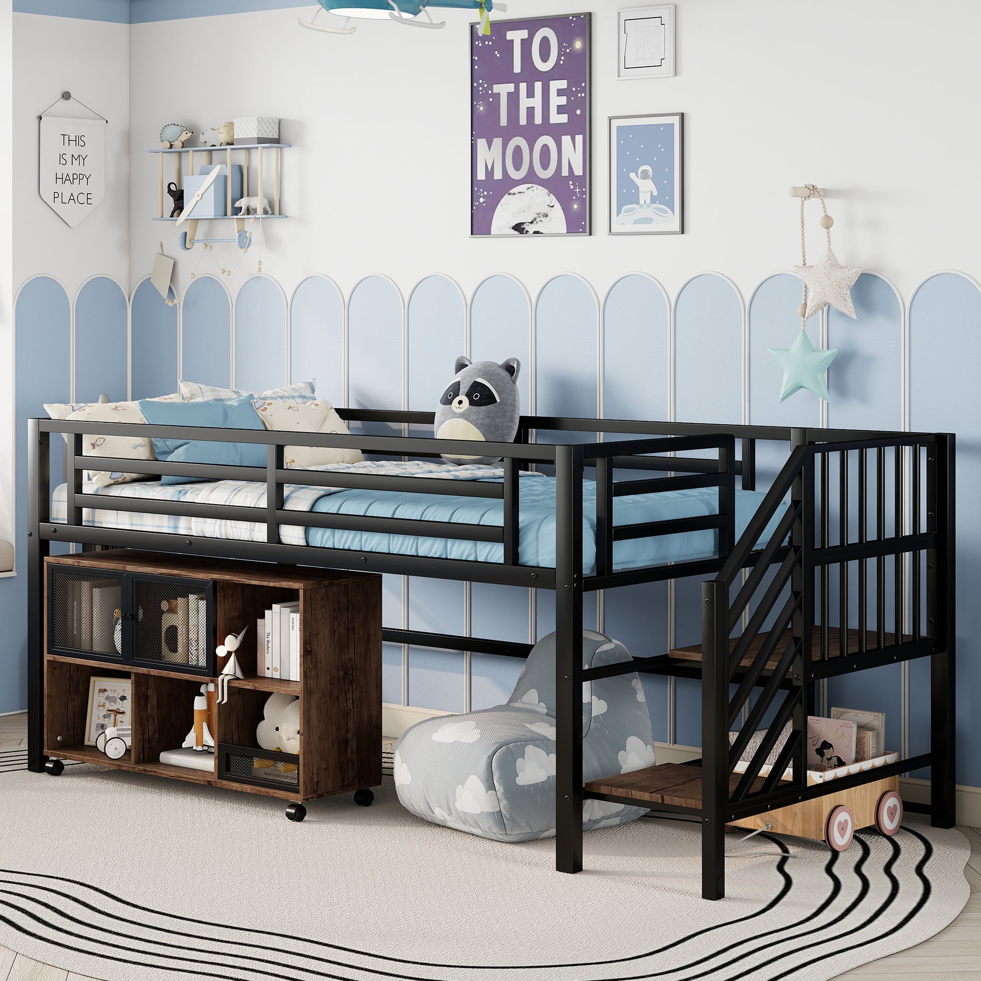 Twin Metal Loft Bed with Storage Cubby, Low Metal Loft Bed with Stairs for Kids, Black, Expect Arrival Date 2025/11/10
