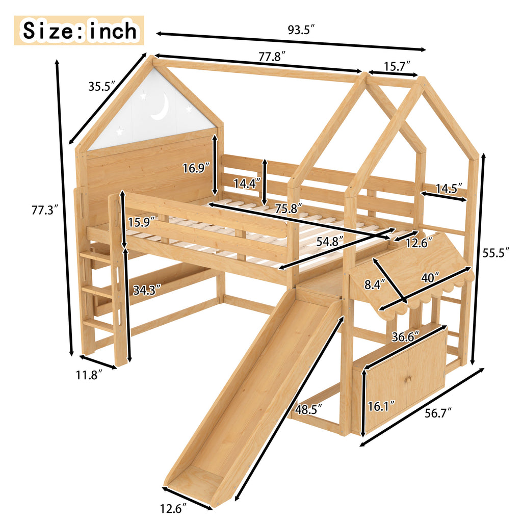 Full Size Loft Bed with Bookshelf Playful Design for Kids House-Shaped Structure with Slide High-Quality Safety Rails,Natural