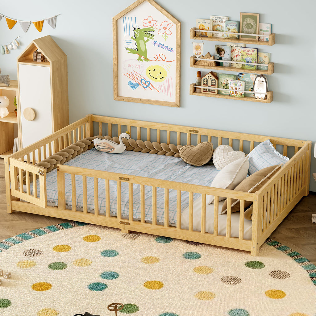 Queen Size Bed Floor Bed with Safety Guardrails and Door for Kids, Natural( Old SKU:W1580P154630)