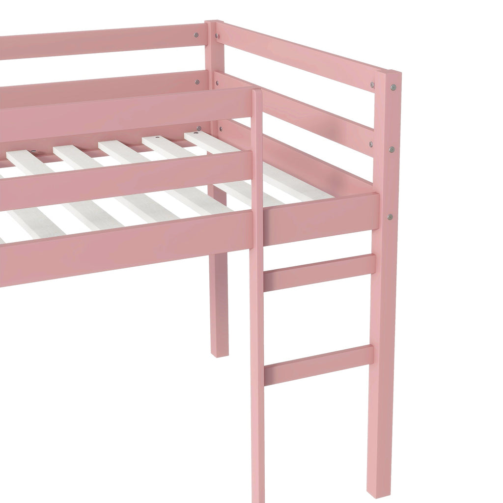 Solid Wooden, Rubber Wooden Twin Loft Bed with Ladder, Bed Platform of Strengthened Slats, Pink