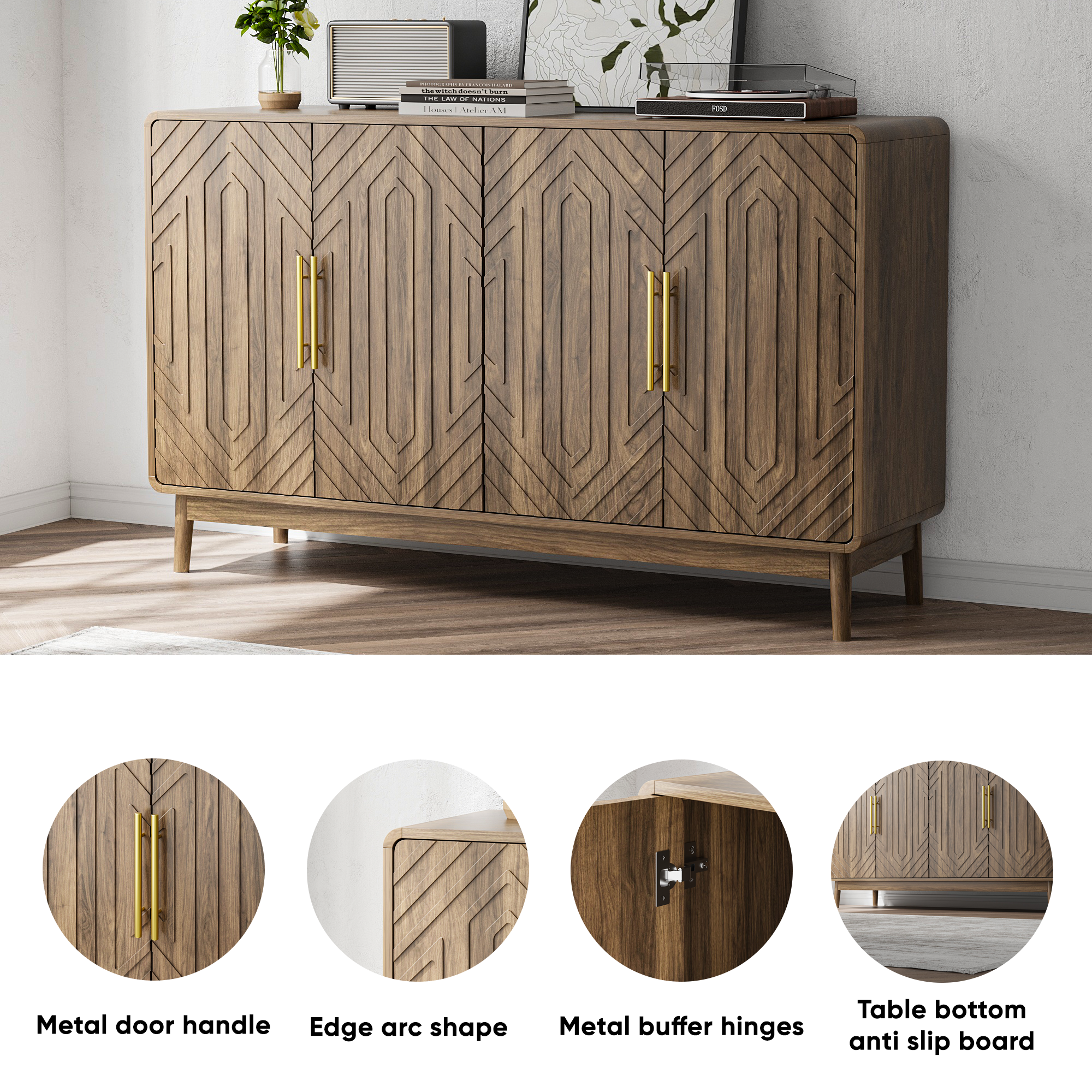 Modern Carved 4-Door Sideboard Buffet Cabinet with Storage, Adjustable Layer Board, Walnut Finish