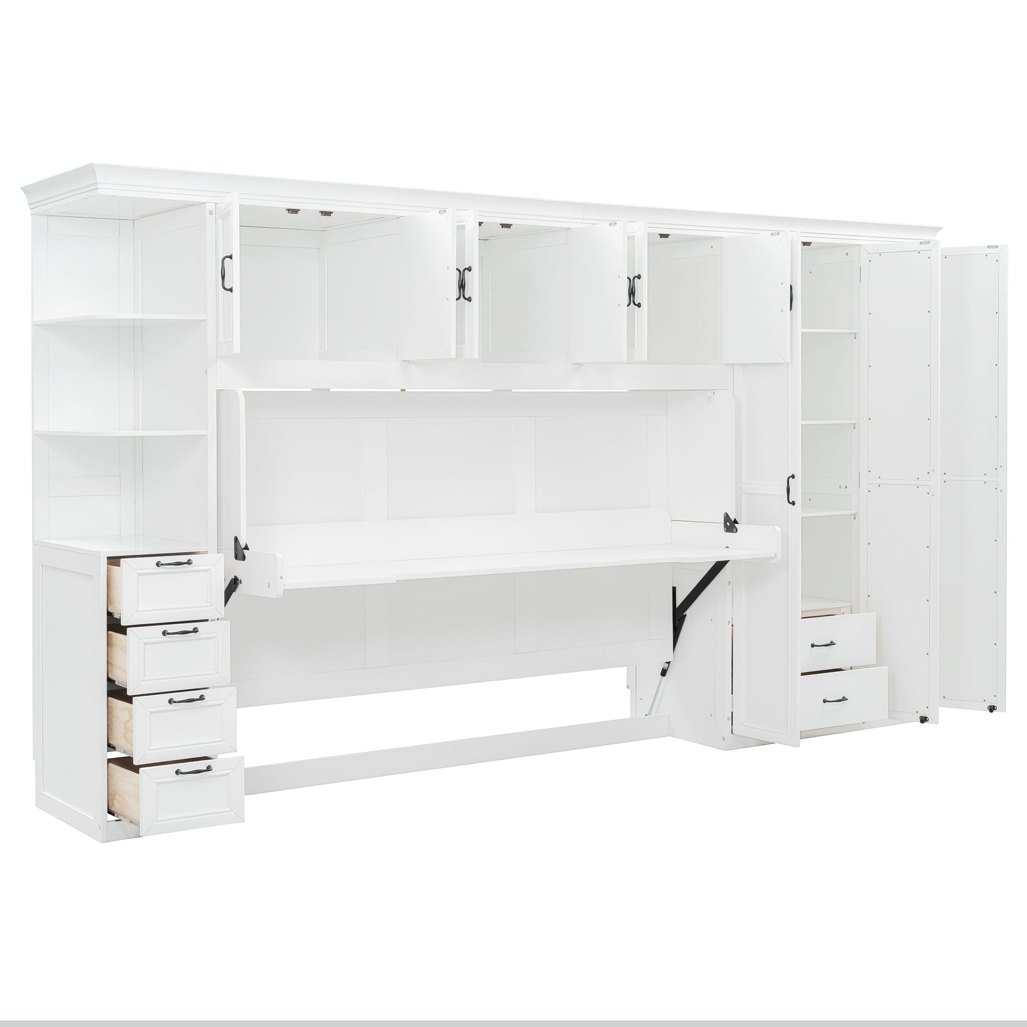 Twin Size Murphy Bed Wall Bed with Wardrobe, Cabinet and Desk, White
