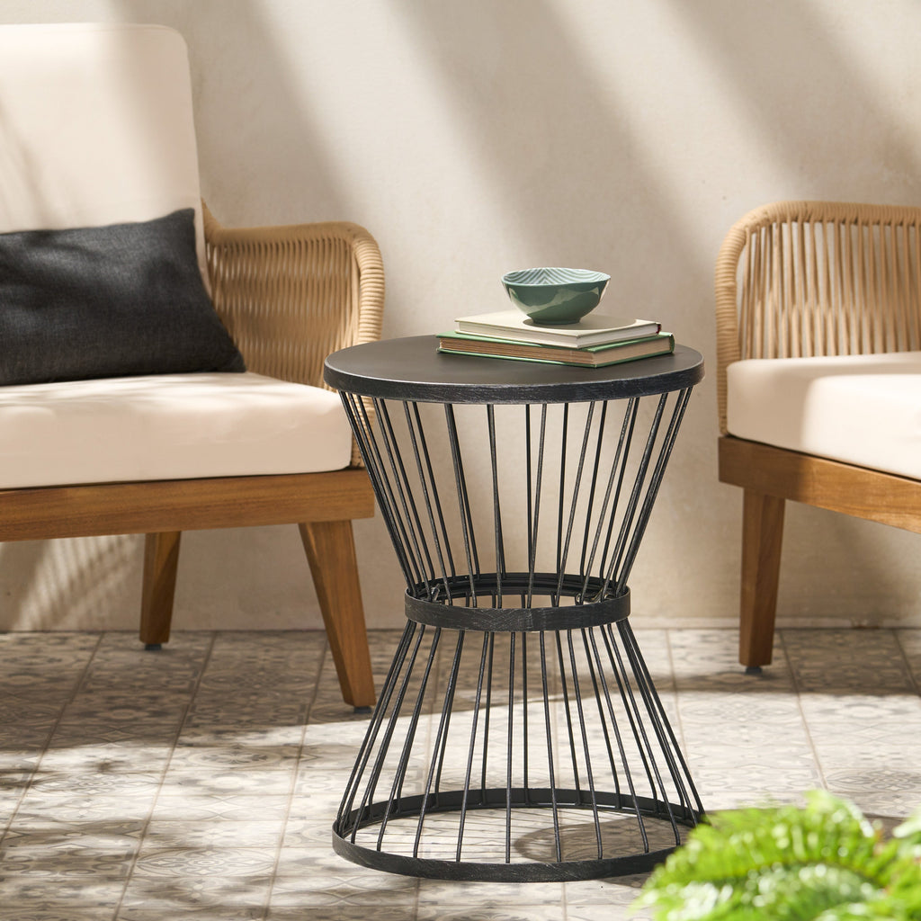 LASSEN Modern Outdoor Side Table with Hourglass Design in Matte Black Iron, 16.25 x 16.25 x 21 inches
