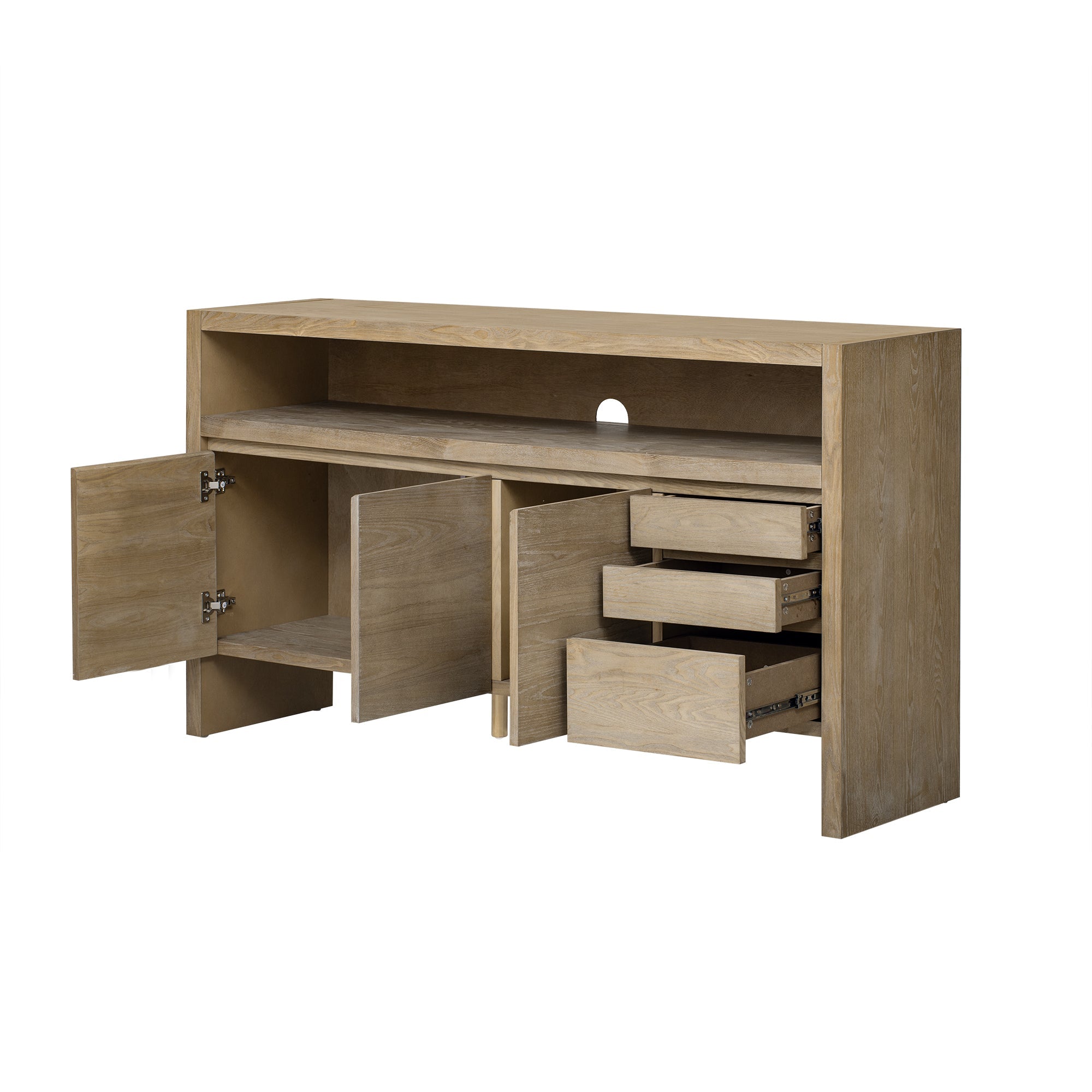 U_Style 60' 3-Door Sideboard with 3 Drawers - Modern Solid Ash Veneer MDF Sideboard, Semi-Open Shelf & Center Semi-Circular Cutout in Back Panel, Large Storage Cabinet for Living Room, Hallway, Dining