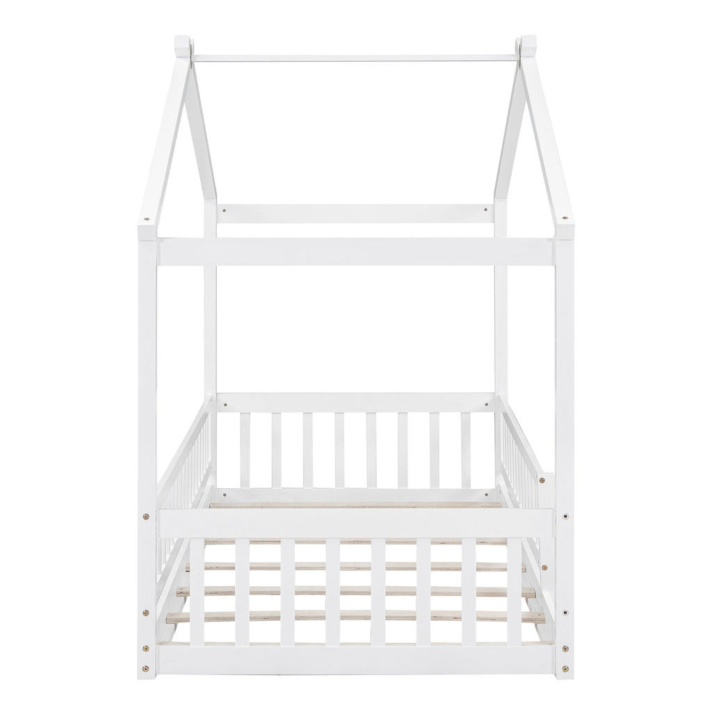 Twin Size Wood Bed House Bed Frame with Fence, for Kids, Teens, Girls, Boys,White
