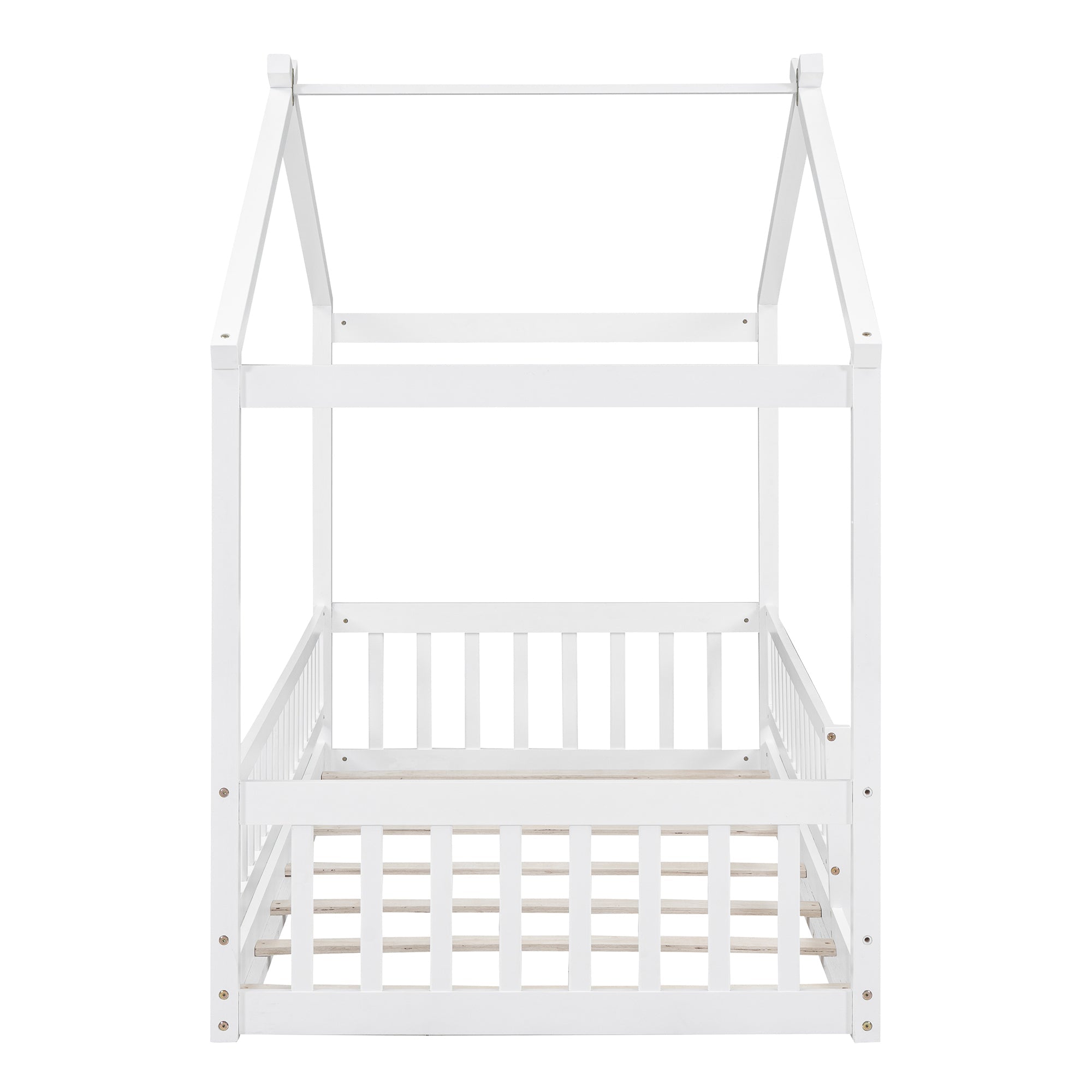 Twin Size Wood Bed House Bed Frame with Fence, for Kids, Teens, Girls, Boys,White