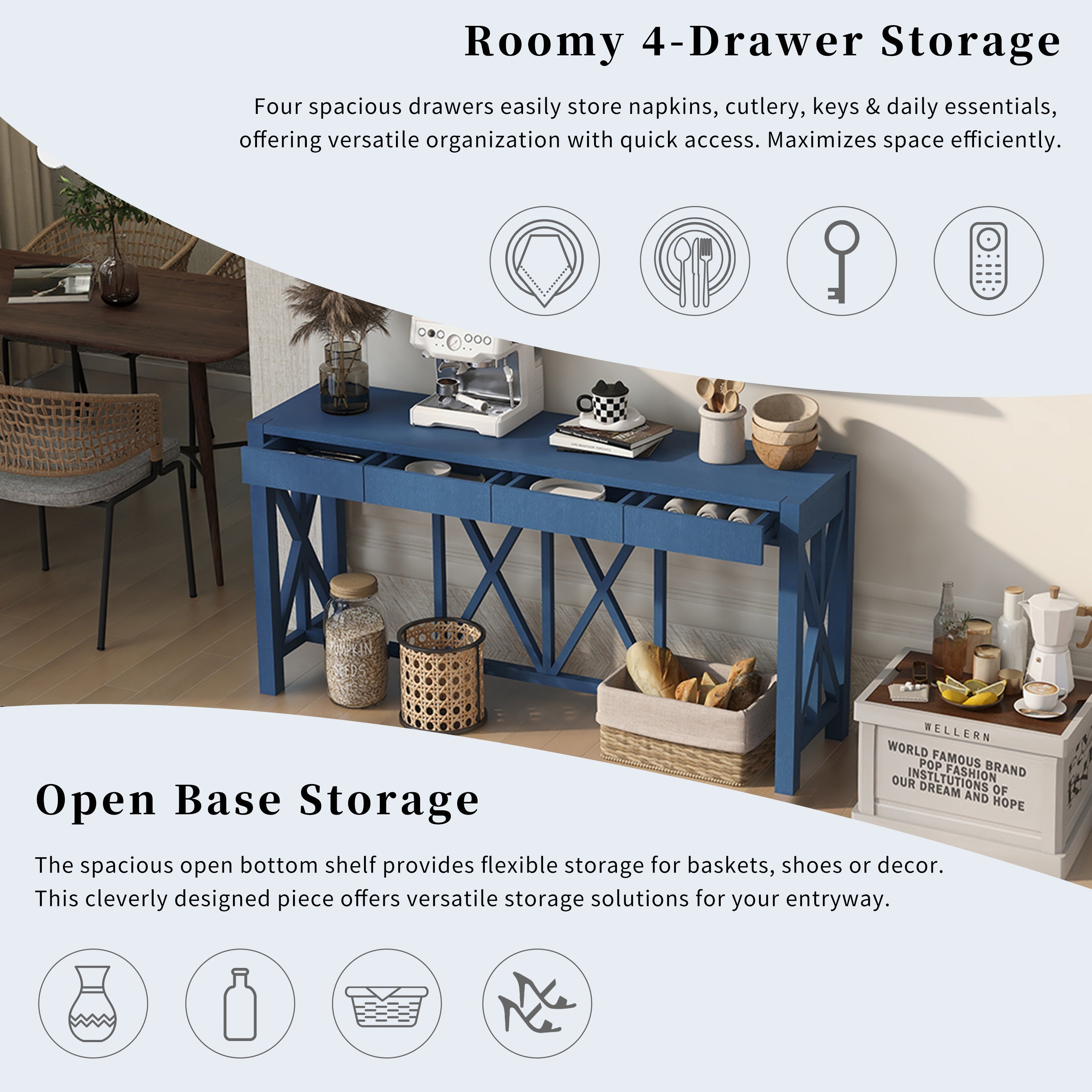 U_Style 60''Acacia Veneer Console Table with 4 Spacious Drawers, Modern Crisscross Design Entryway Table with Open Bottom Storage,Farmhouse Sofa Table for Living Room,Kitchen,Dining Room,Hallway